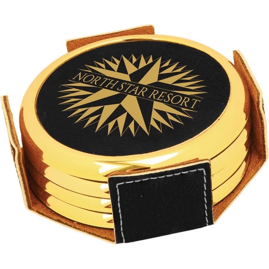 3 7/8" Round w/Gold Edge Black/Gold Leather Coaster Set 1