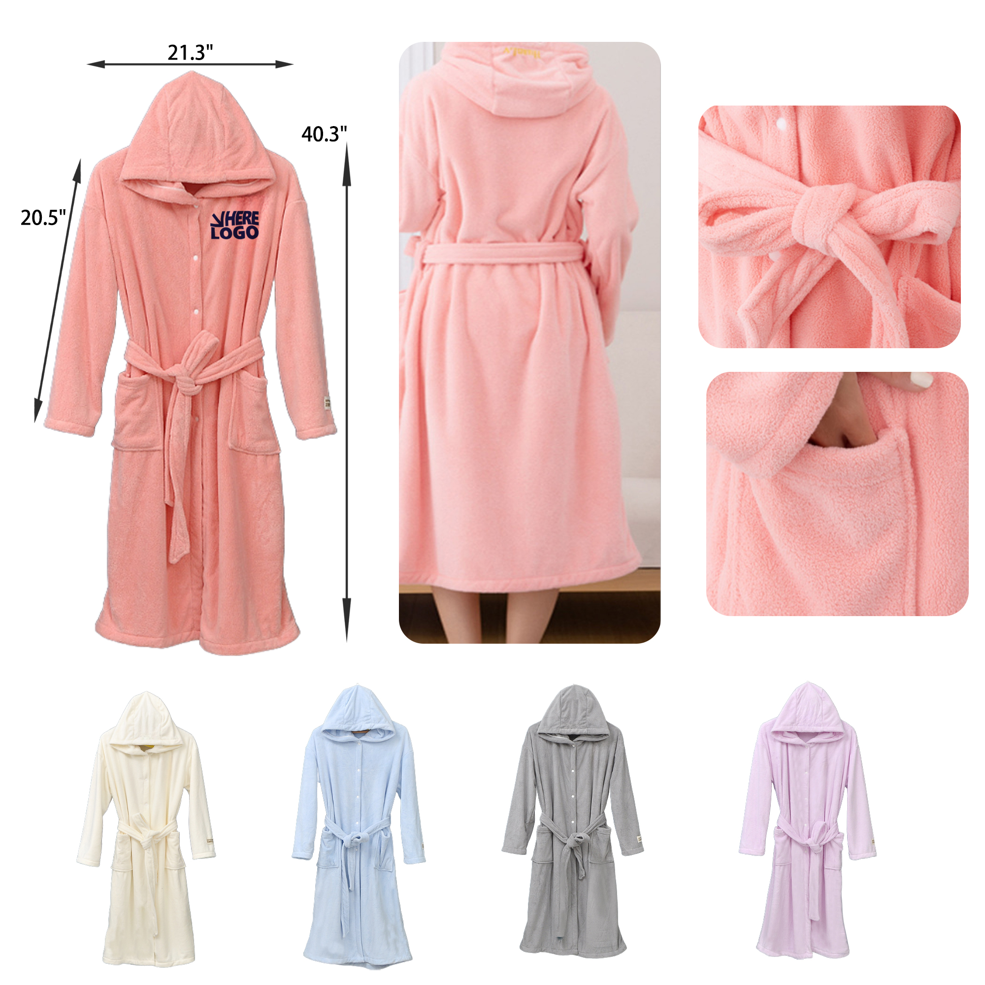 MOQ 25 PCS Soft Coral Fleece Hooded Bathrobe Nightgown 6