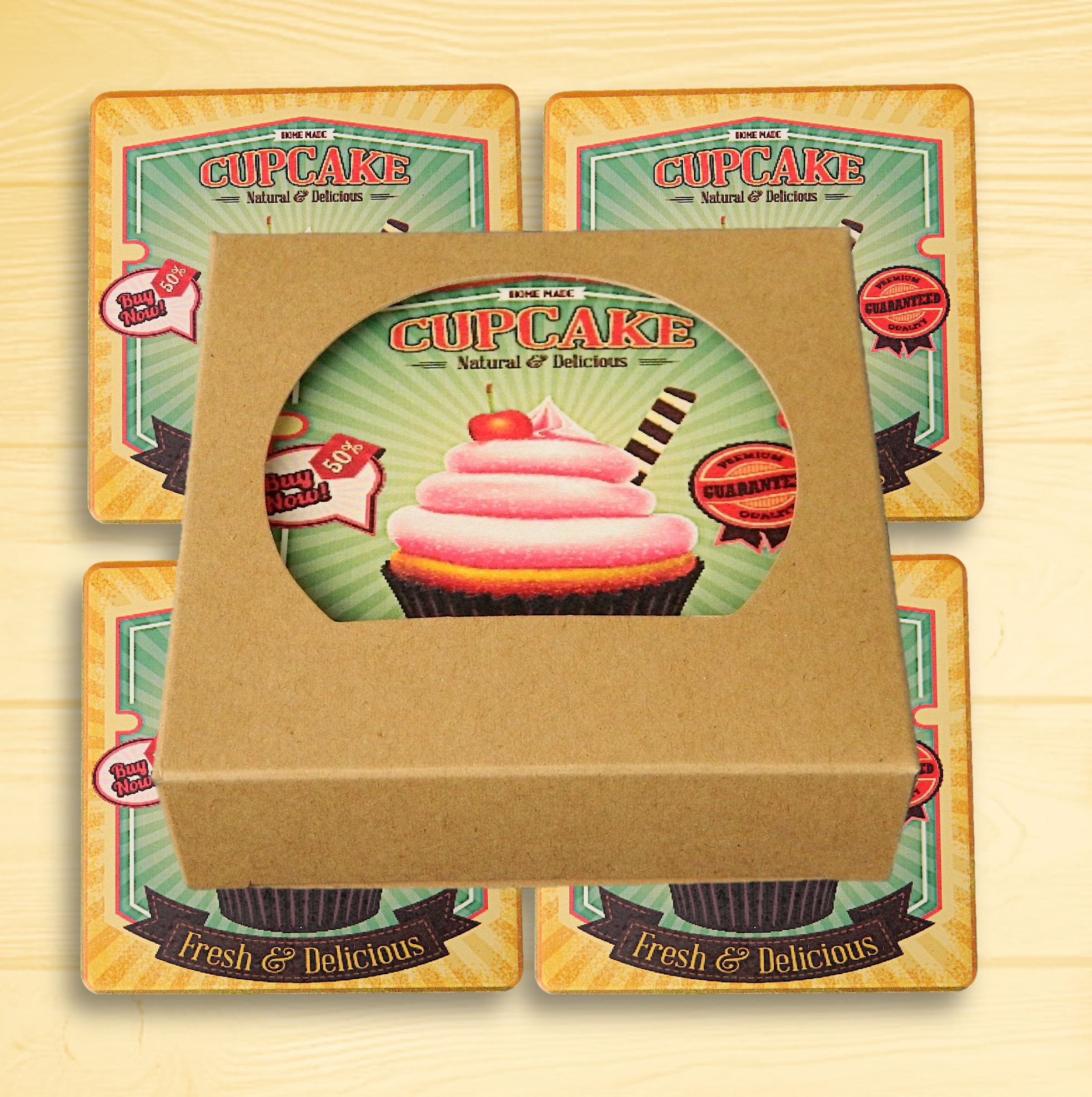 Set of 4 Square Absorbent Stone Coasters in Kraft Window Box - Basic Print 2