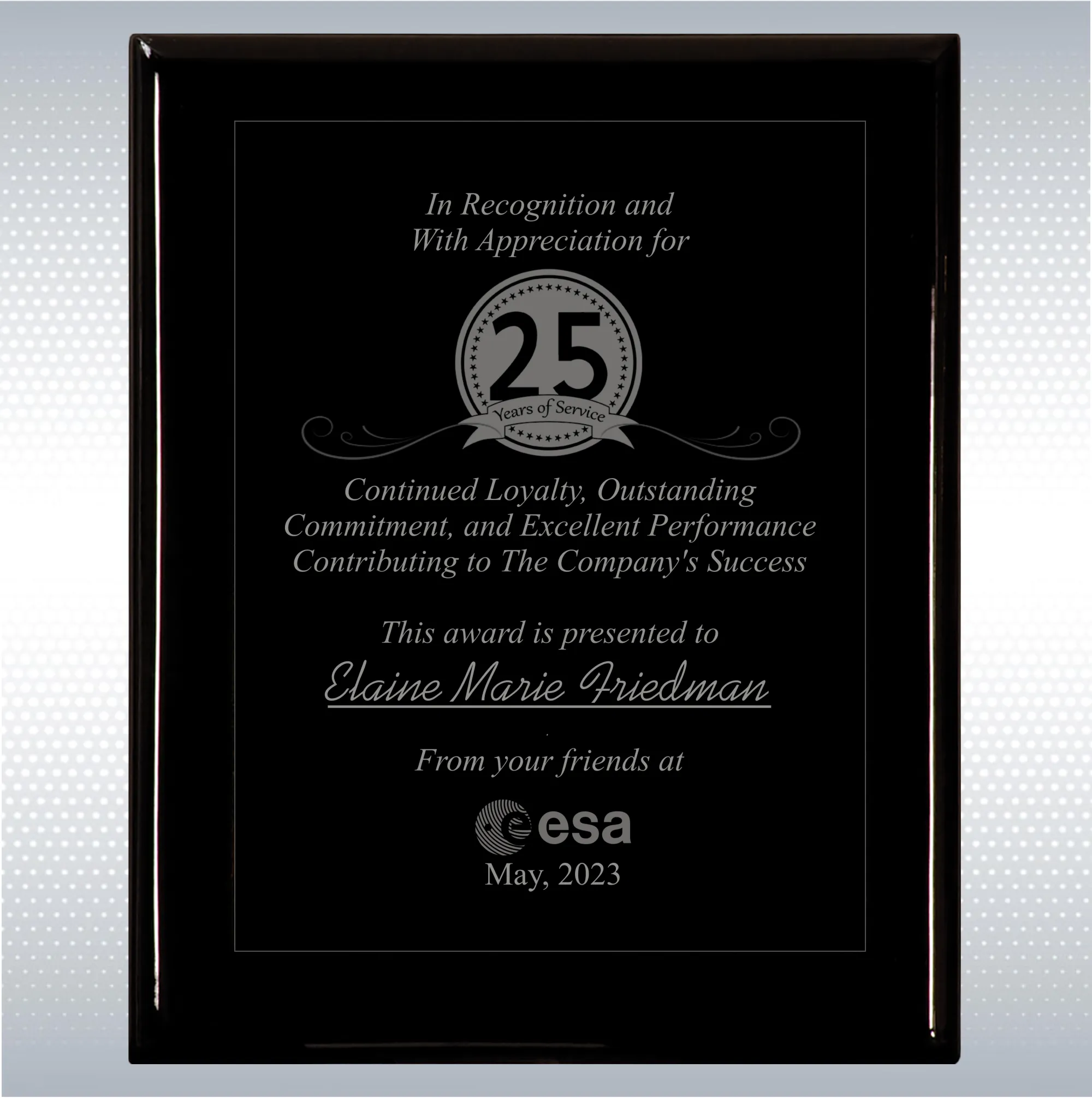 Black Piano Finish Wood Plaque Personalized Years of Service 16