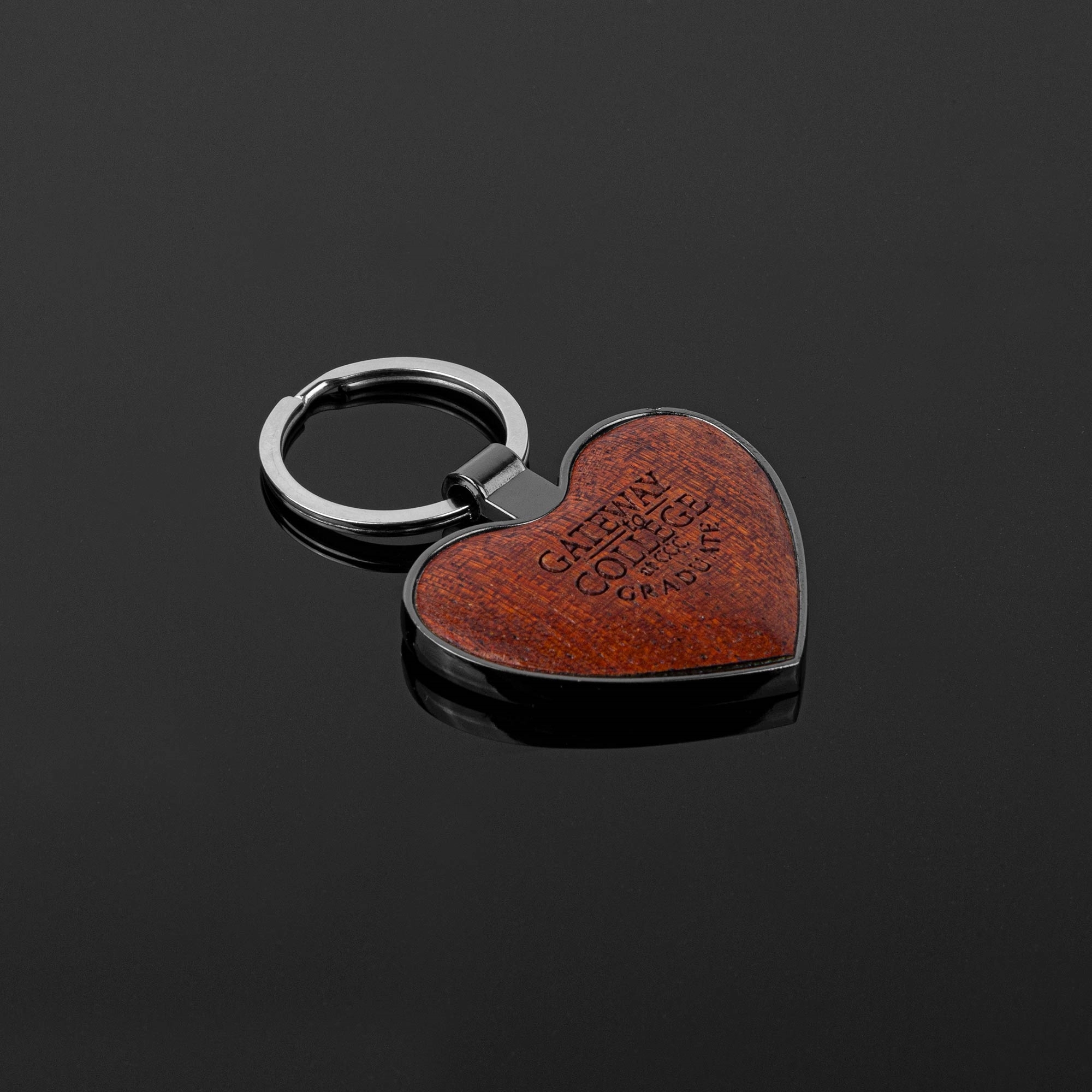 Heart-Shaped Beveled Wood Gunmetal Key Chain