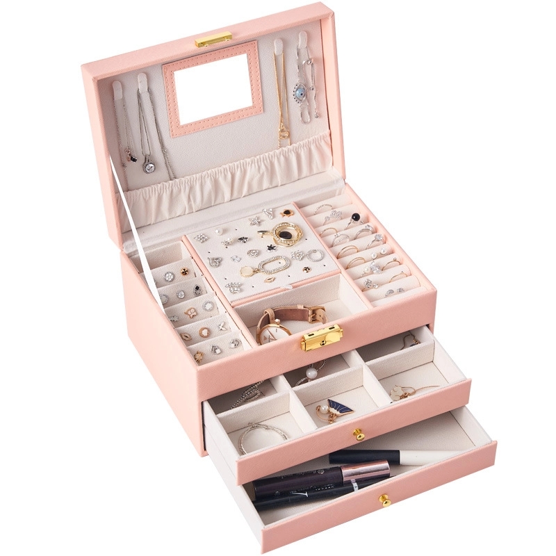Custom 3-Layer PU Jewelry Organizer Box with Drawer & Mirror 14