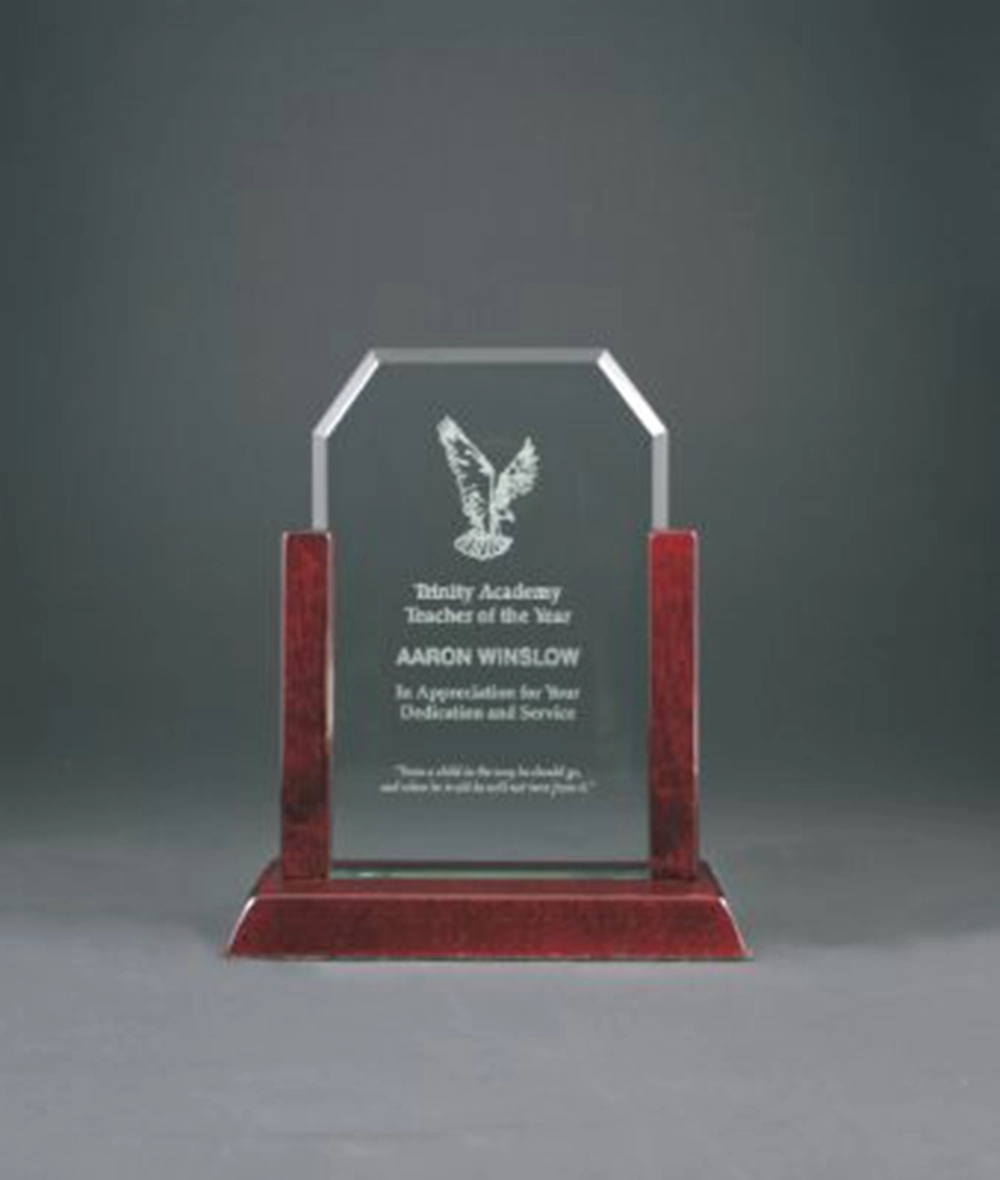 8" Jade Clip Corner Glass Award w/Rosewood Piano Finish Base 3