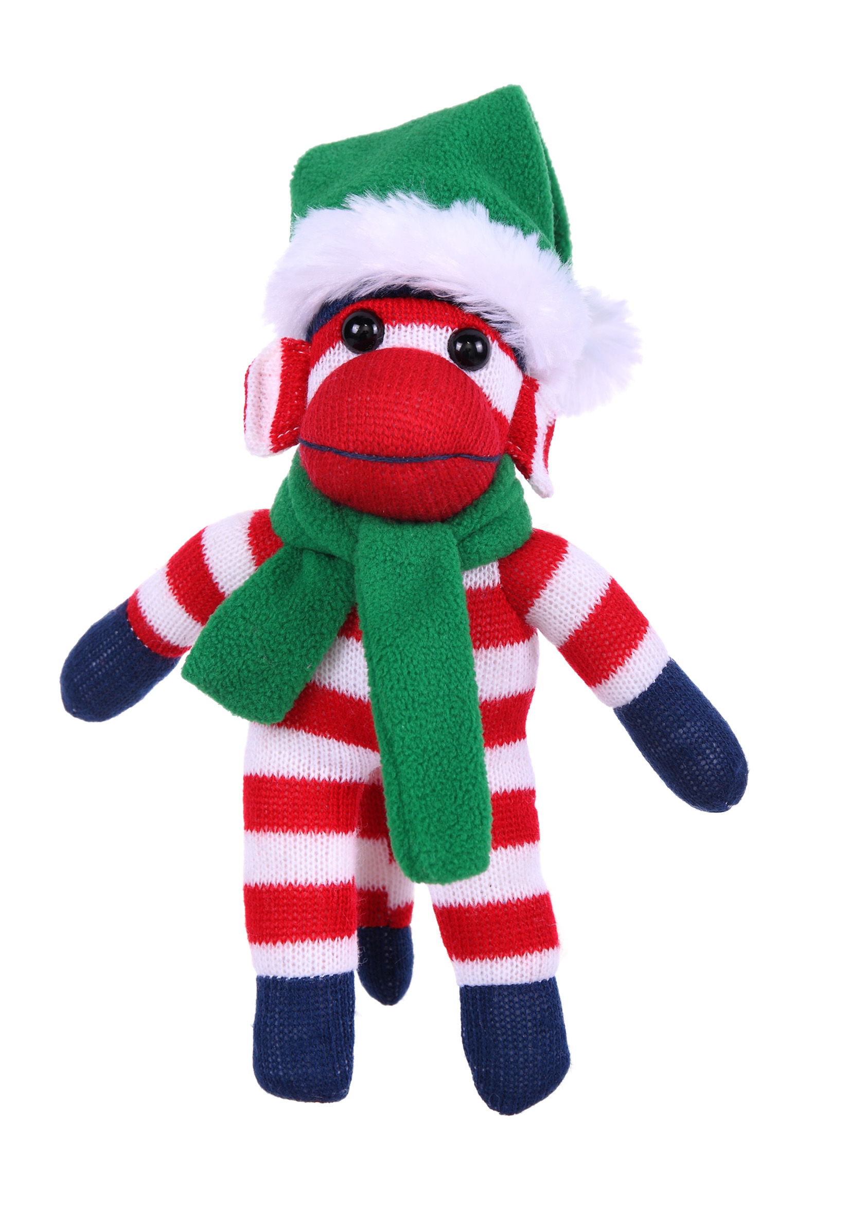Patriotic Sock Monkey with Christmas Hat and Scarf