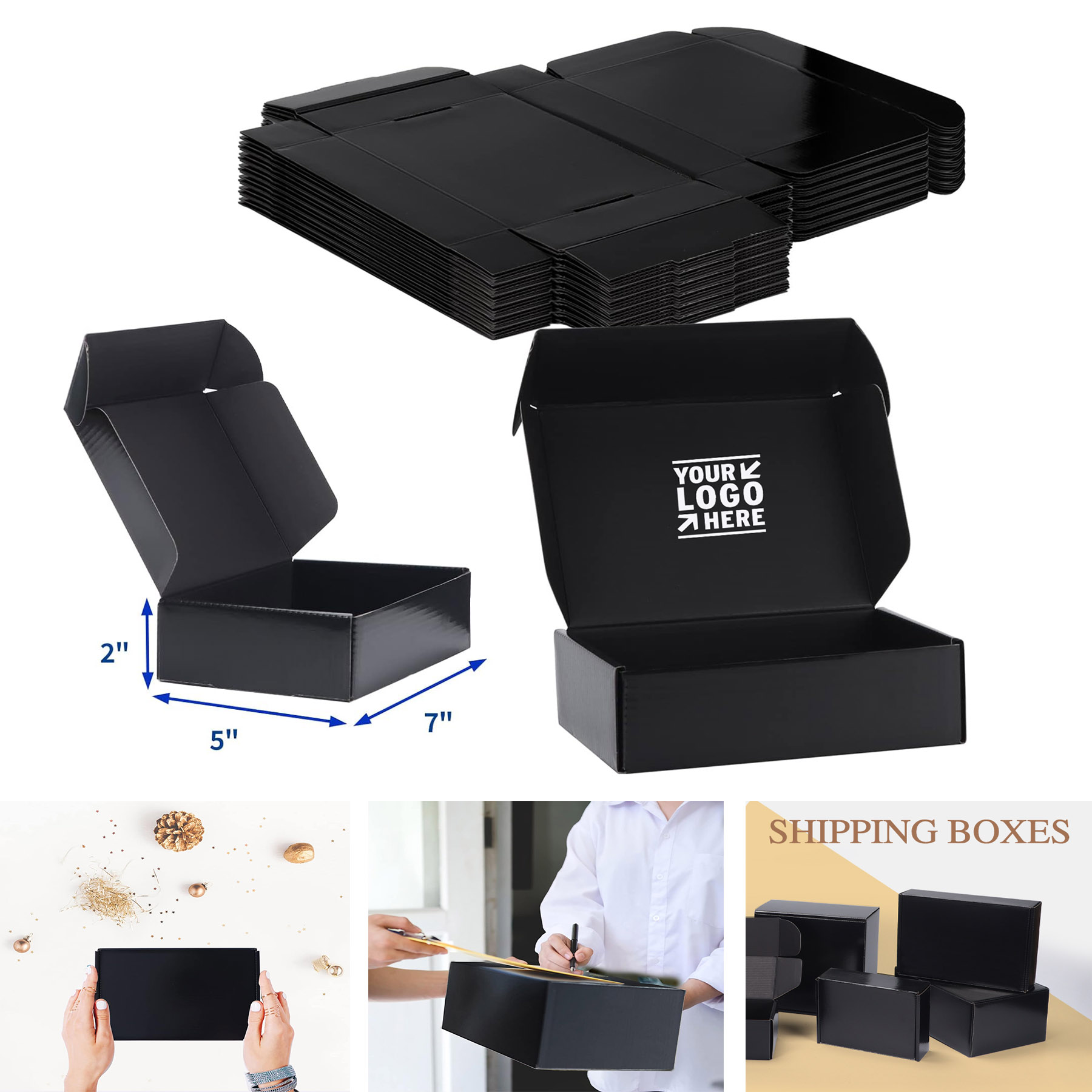 Small 7x5x2 Inches Cardboard Corrugated Mailer Black Gift Box for Shipping Packaging 2