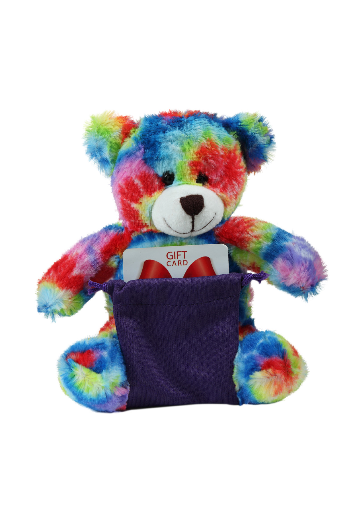 soft plush Tie Dye Bear with gift card sack