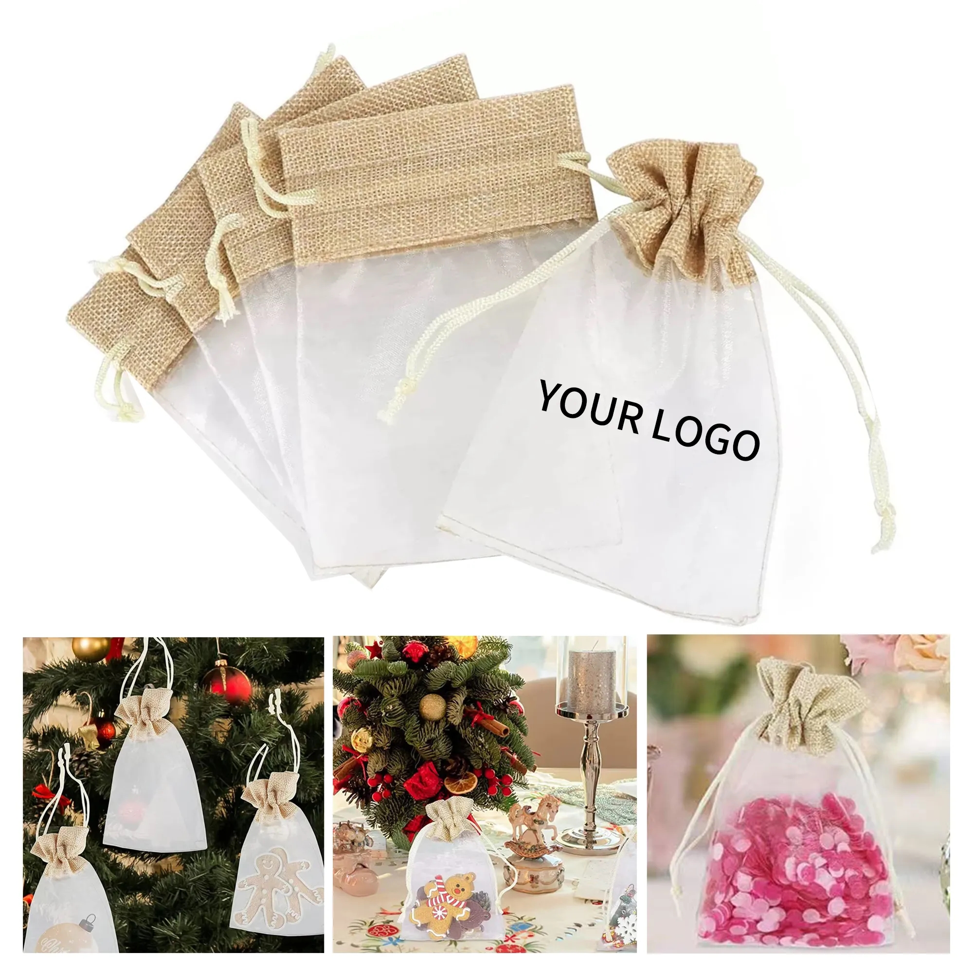 Linen Organza Splicing Gift Bag Drawstring Pouches 4