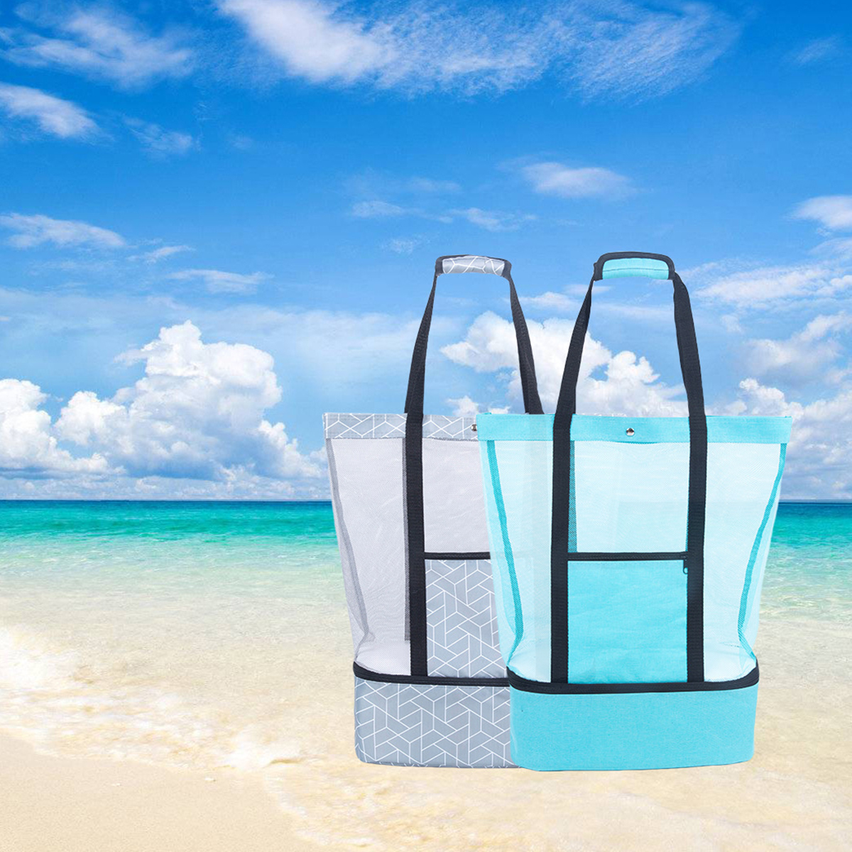 Mesh Beach Tote With Cooler Compartment Zipper Pocket 4