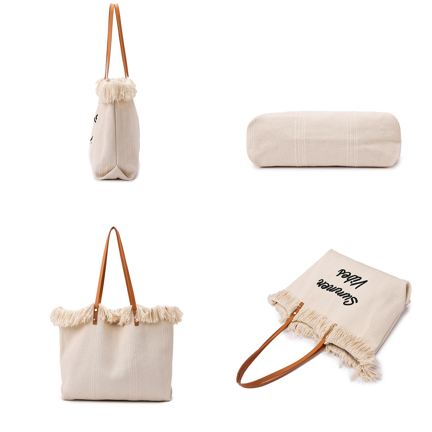 Women Large Beach Canvas Tote Bag Summer Vibes Tassel 7