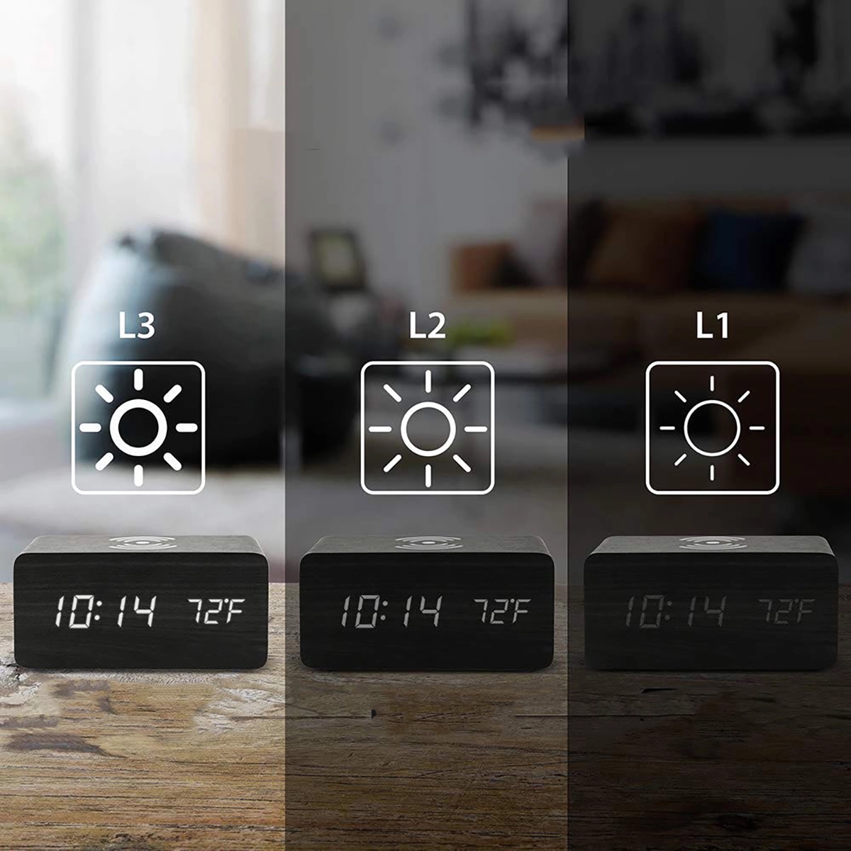 Wooden Digital Alarm Clock with Wireless Charging 1