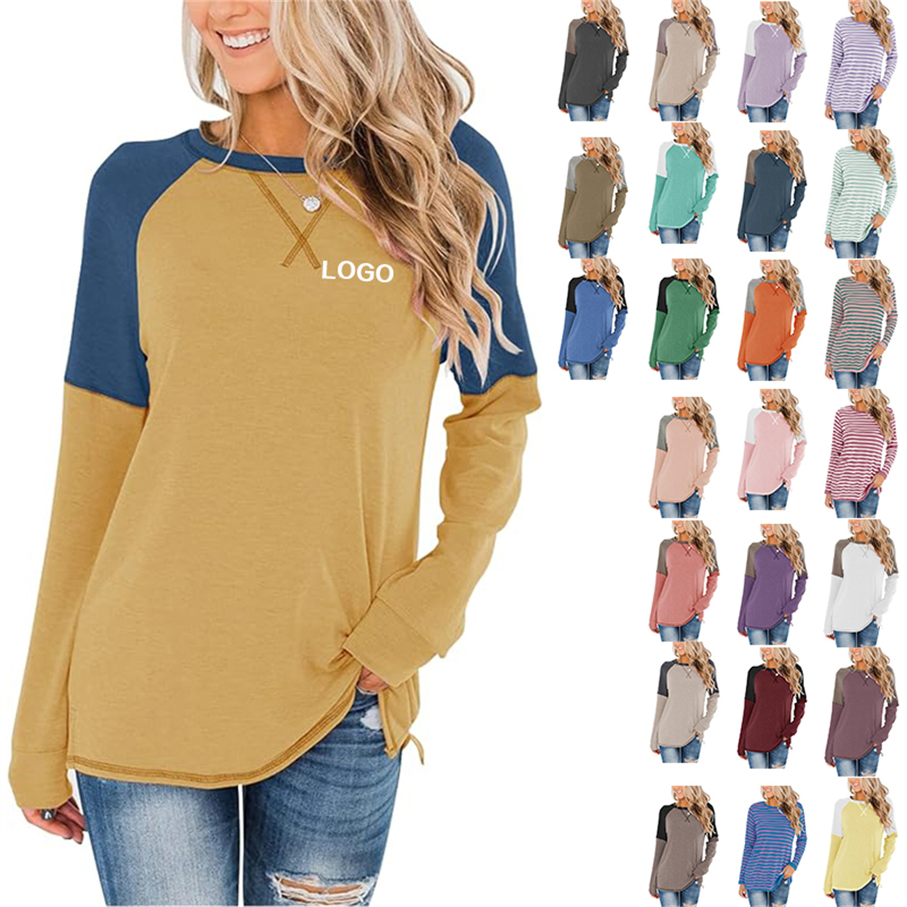 Women's Crew Neck Color Block Blouse 19