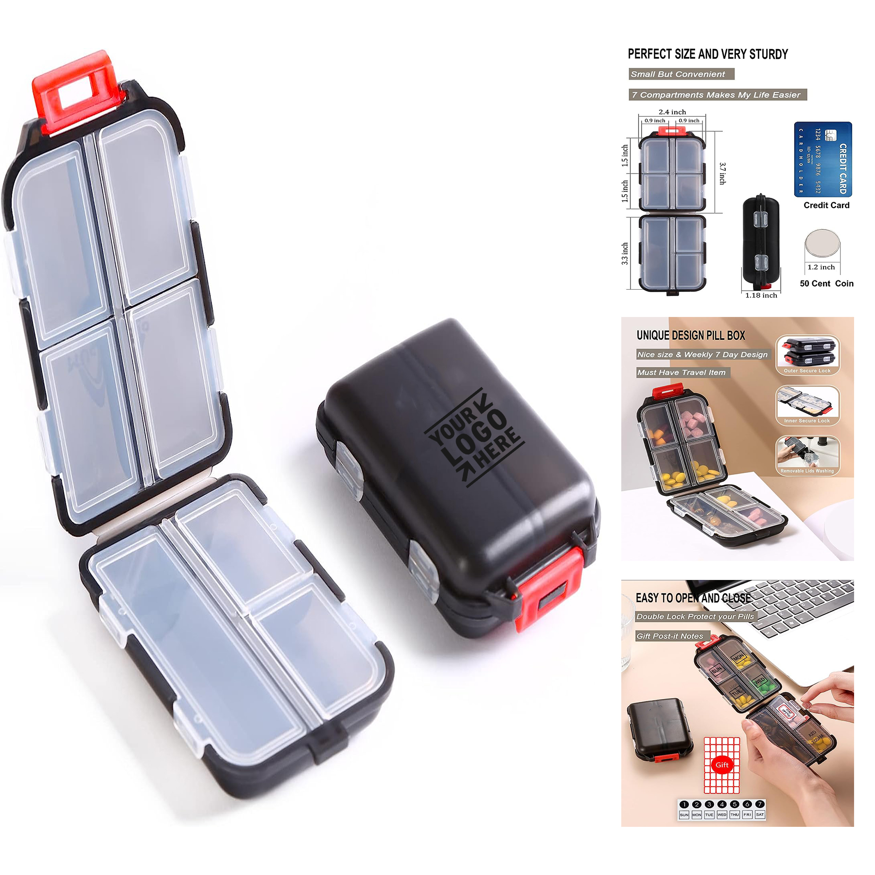 2PS Weekly BPA-Free Medicine Organizer 7 Day Daily Small Folding Travel Vitamin Pill Box with Lock