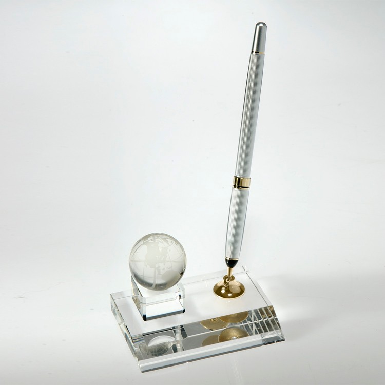 Desktop Award-Crystal Globe Pen Set w/Silver Ballpoint Pen 2