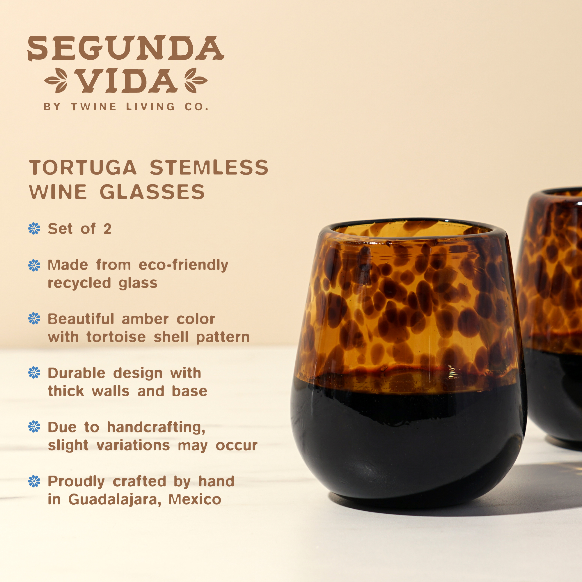 Twine Living® Tortuga Stemless Recycled Wine Glass, set of 2 8