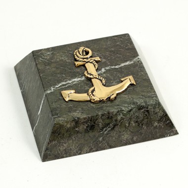 Green Solid Marble Paperweight with Brass Anchor Symbol