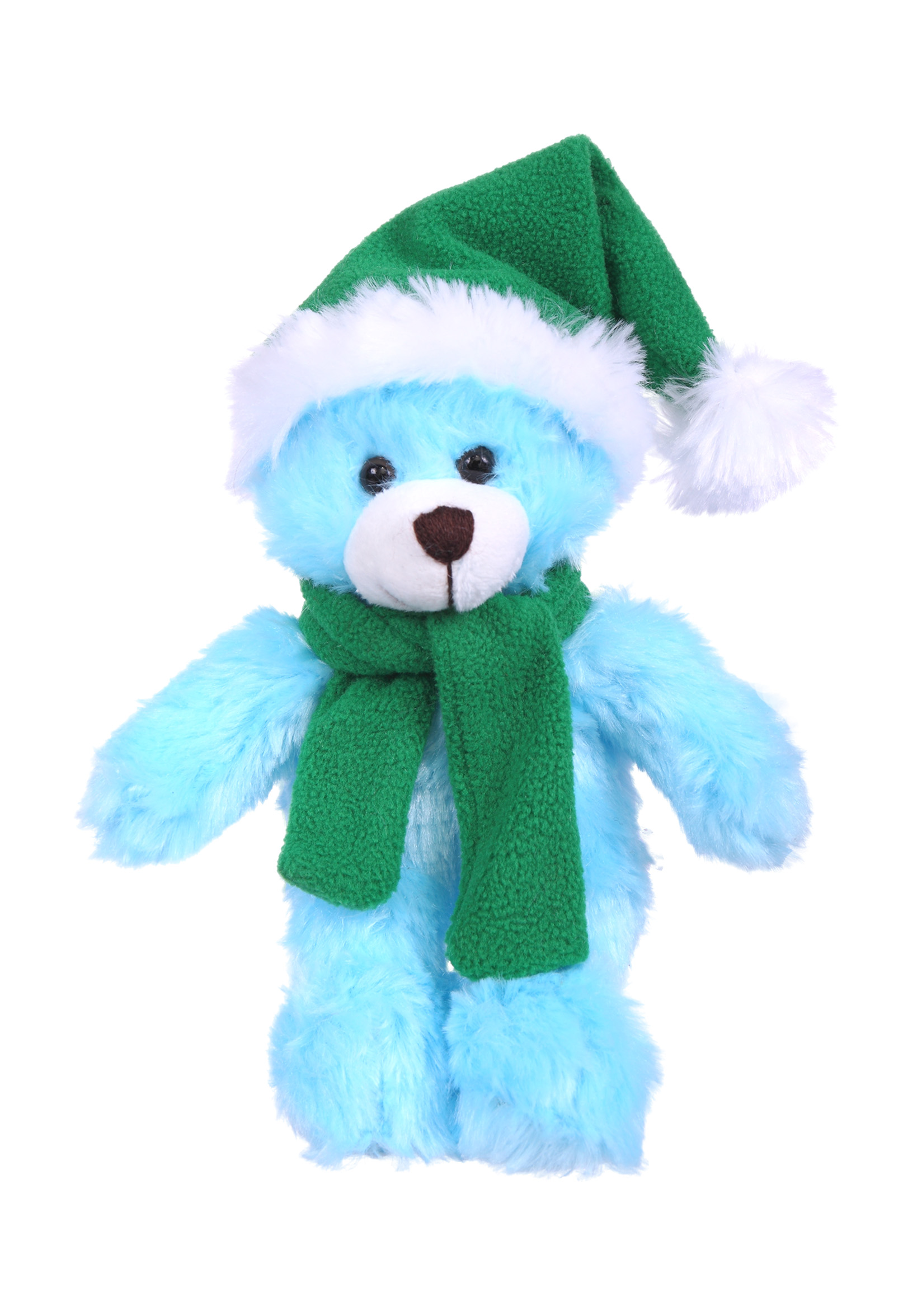 Soft Plush Stuffed Blue Bear with Christmas Hat and Scarf
