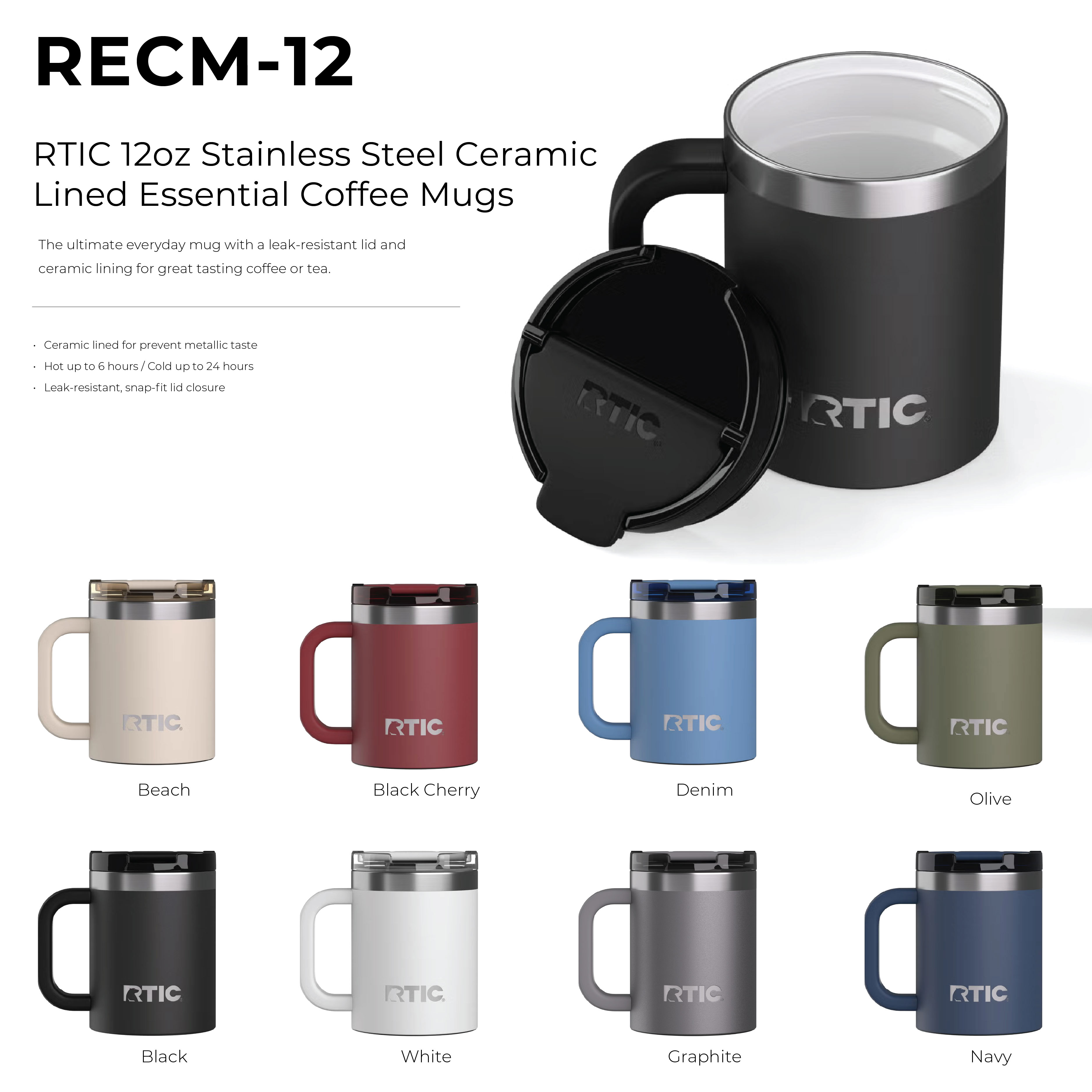 RTIC 12oz Stainless Steel Ceramic-Lined Essential Coffee Mugs 13