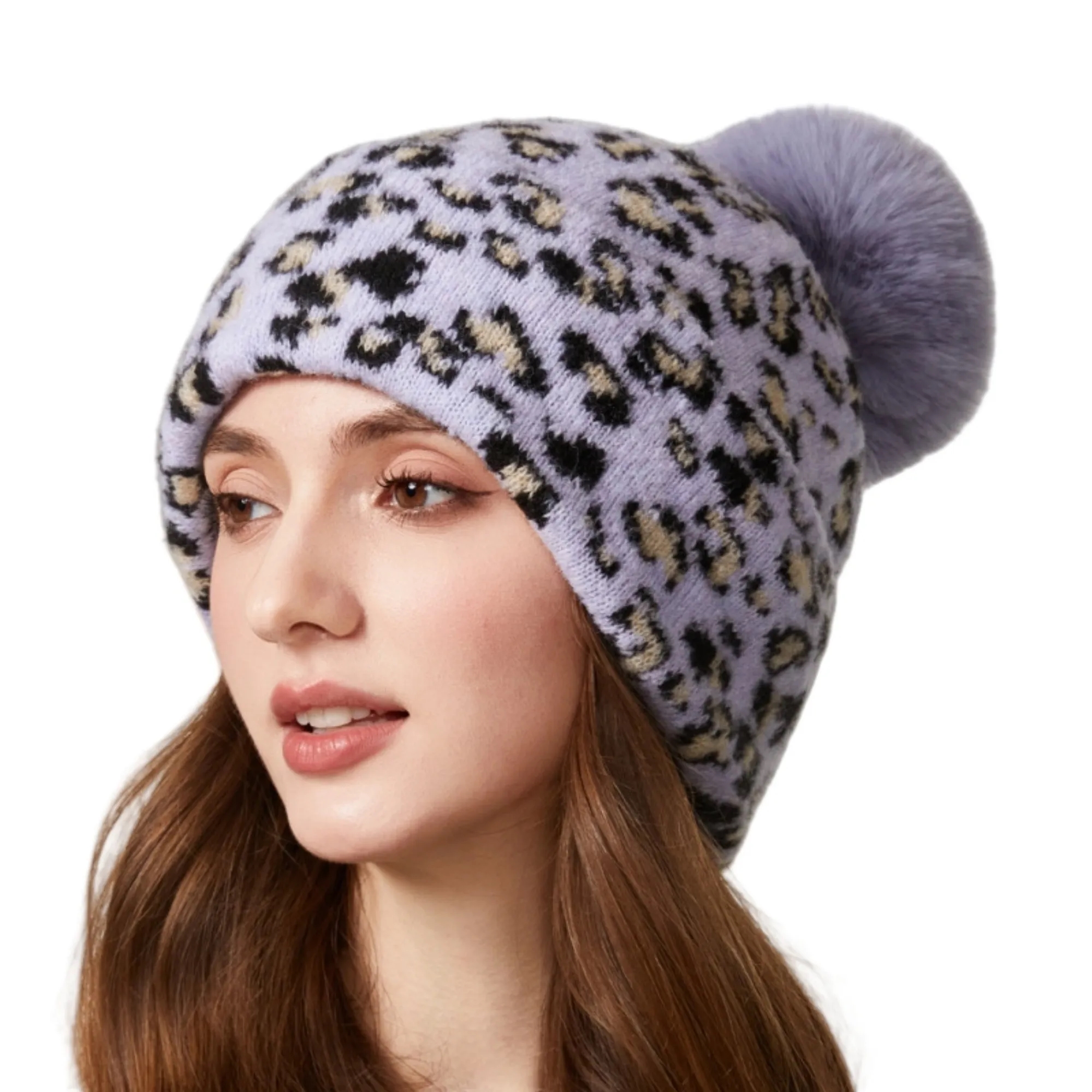 Warm Soft Plush Leopard-print Beanie Knit Hat Winter Hat 2