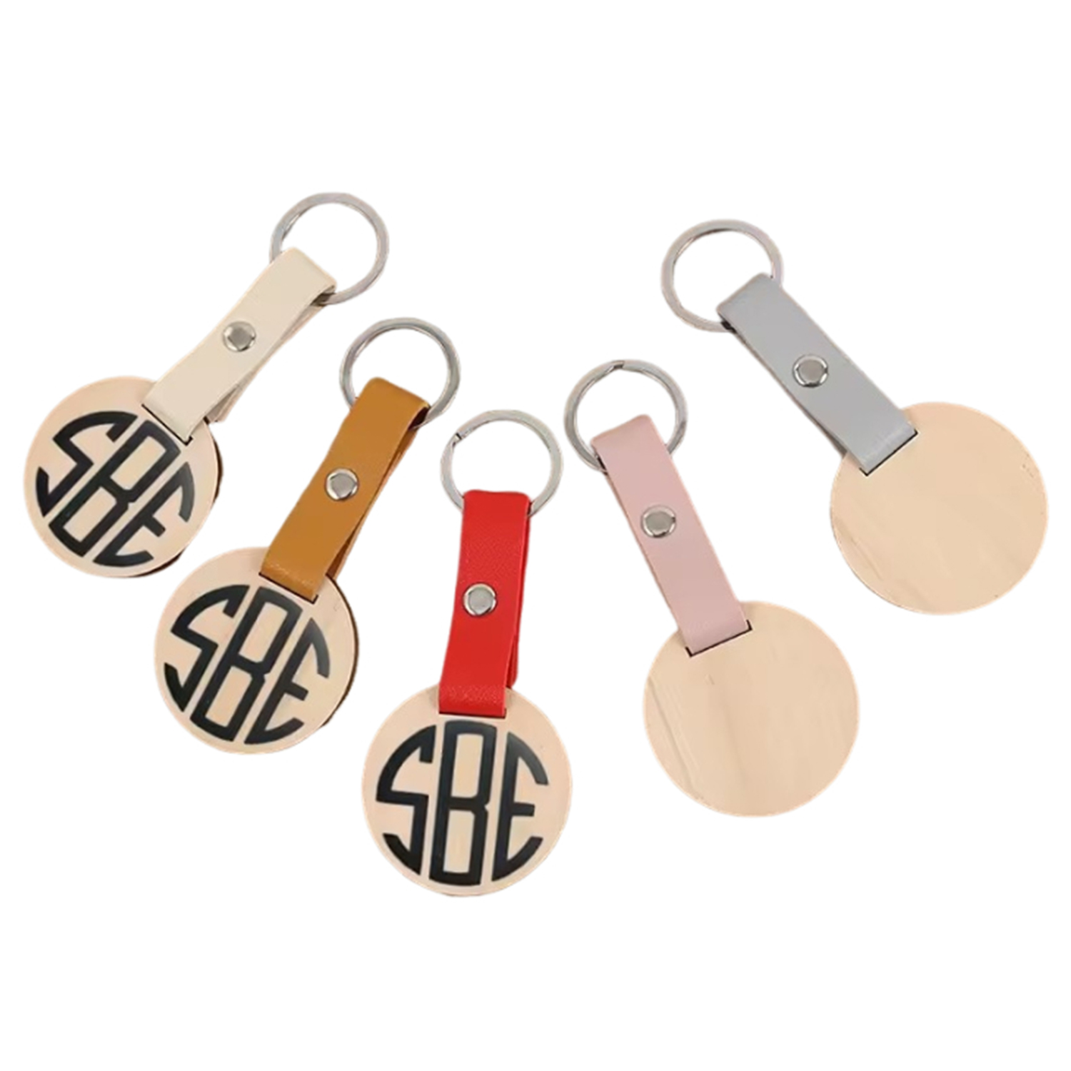 Round Shape Wooden PU Leather Keychain 5