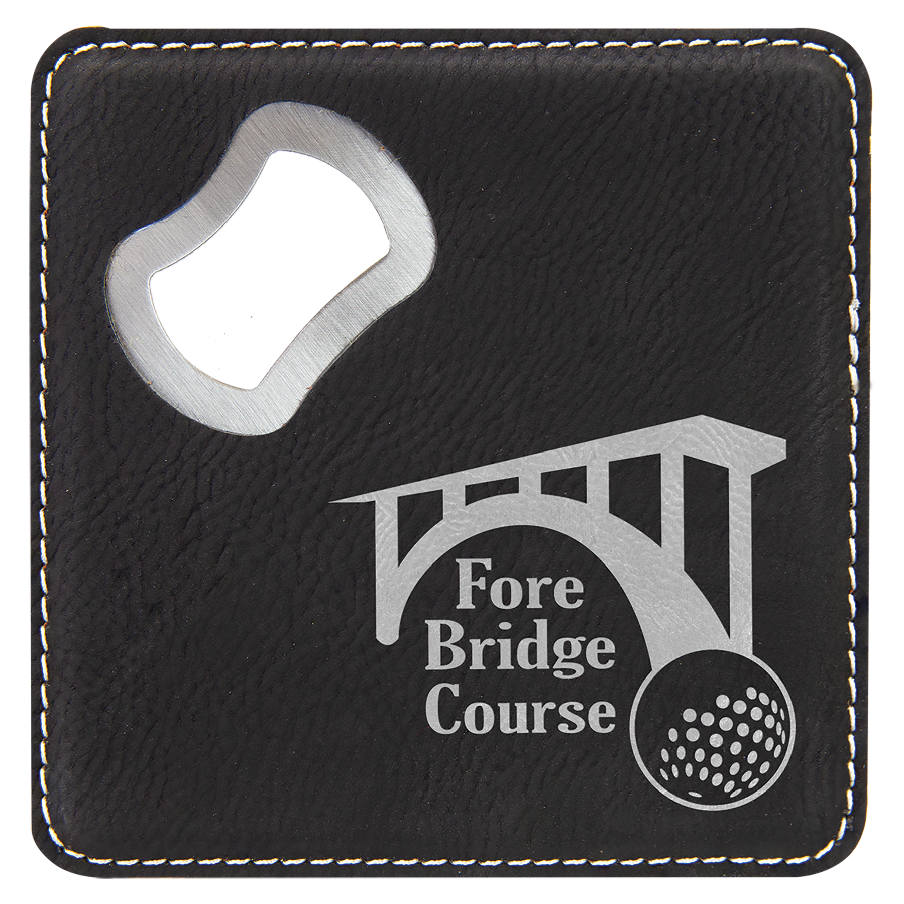 4" x 4" Square Black/Silver Leatherette Coaster w/ Bottle Opener 3