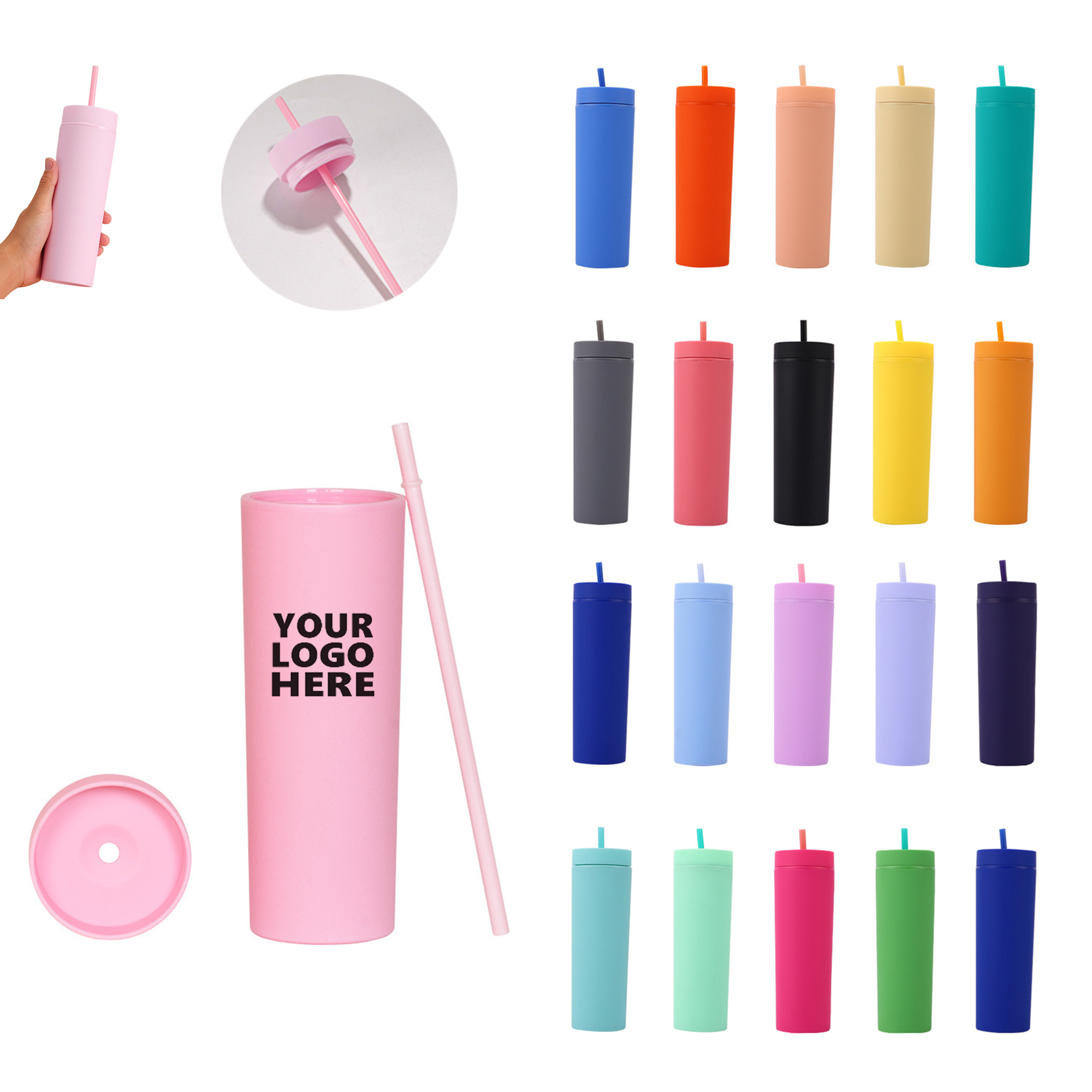 16oz Customizable Plastic slim Cups with Lid and Straw 3