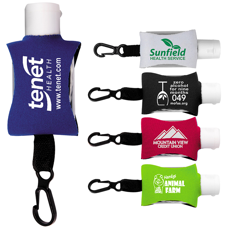 "SanPal Sleeve" .5 oz Hand Sanitizer Antibacterial Gel in Clip-On Neoprene Sleeve Cover 12