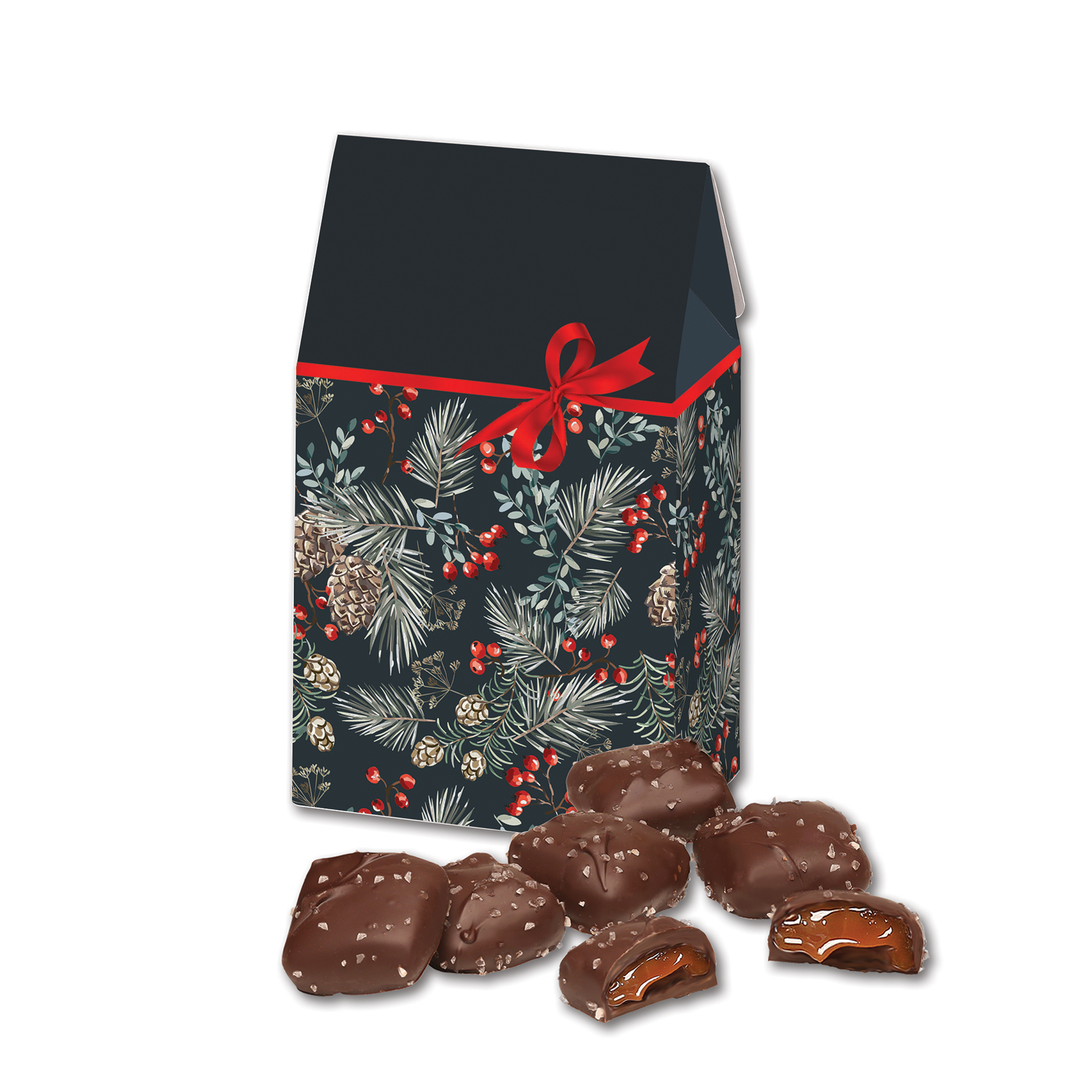 Chocolate Sea Salt Caramels in Pine Boughs & Berries Gable Top Gift Box 2