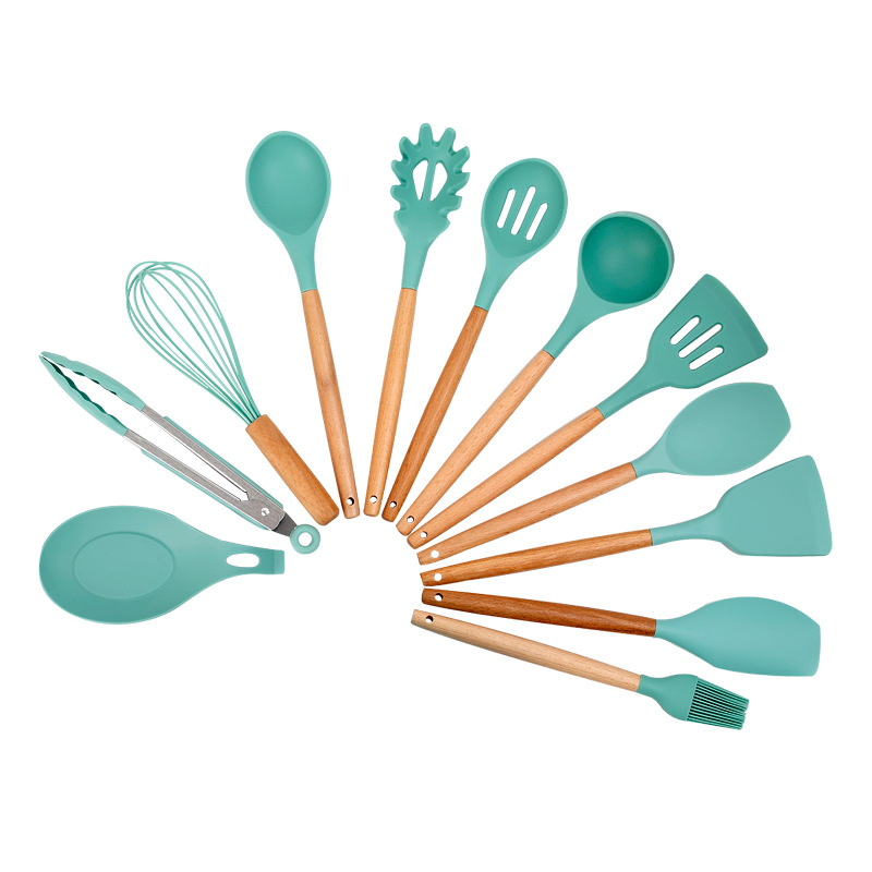12 Piece Silicone Kitchen Utensil Set, Premium Natural Beech 1