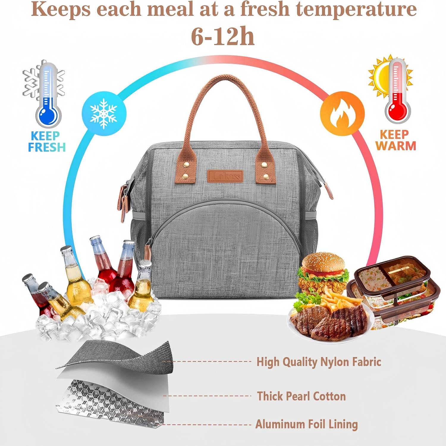 10L Wide Open Nylon Insulated Lunch Cooler Tote Bag w/Handle 3