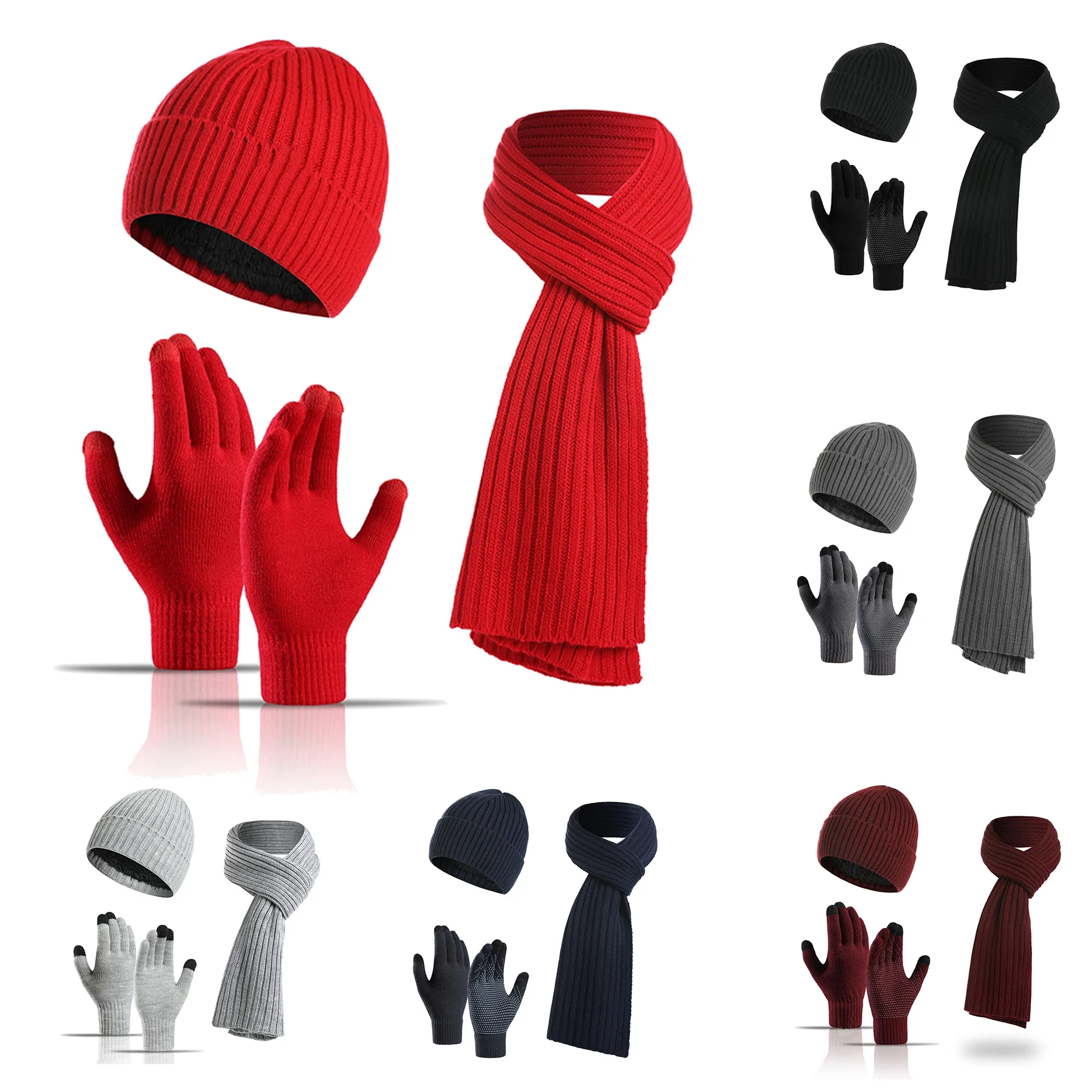 Winter Warm Knitted Scarf Beanie Hat and Gloves Set 3