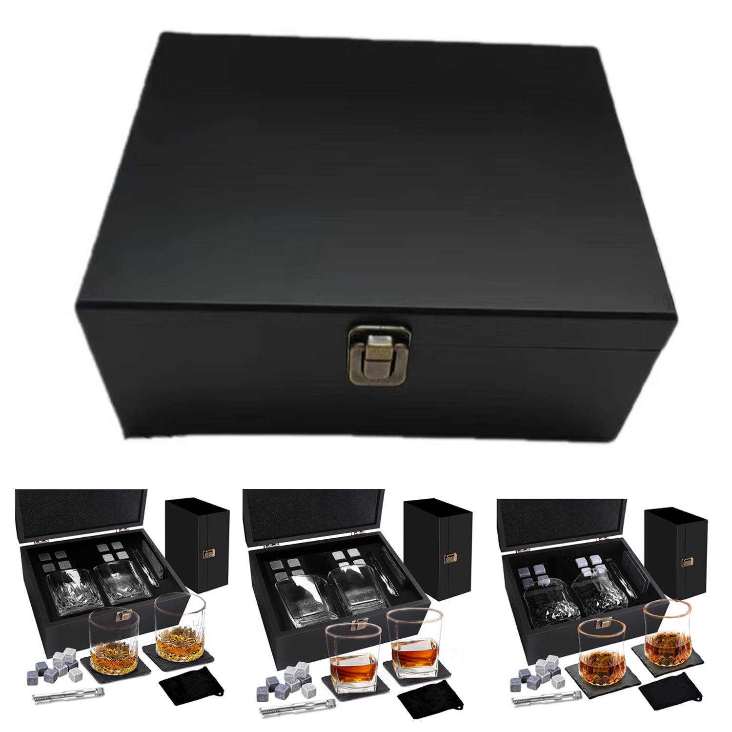 Whiskey Stones Glass Wooden Box Set 3