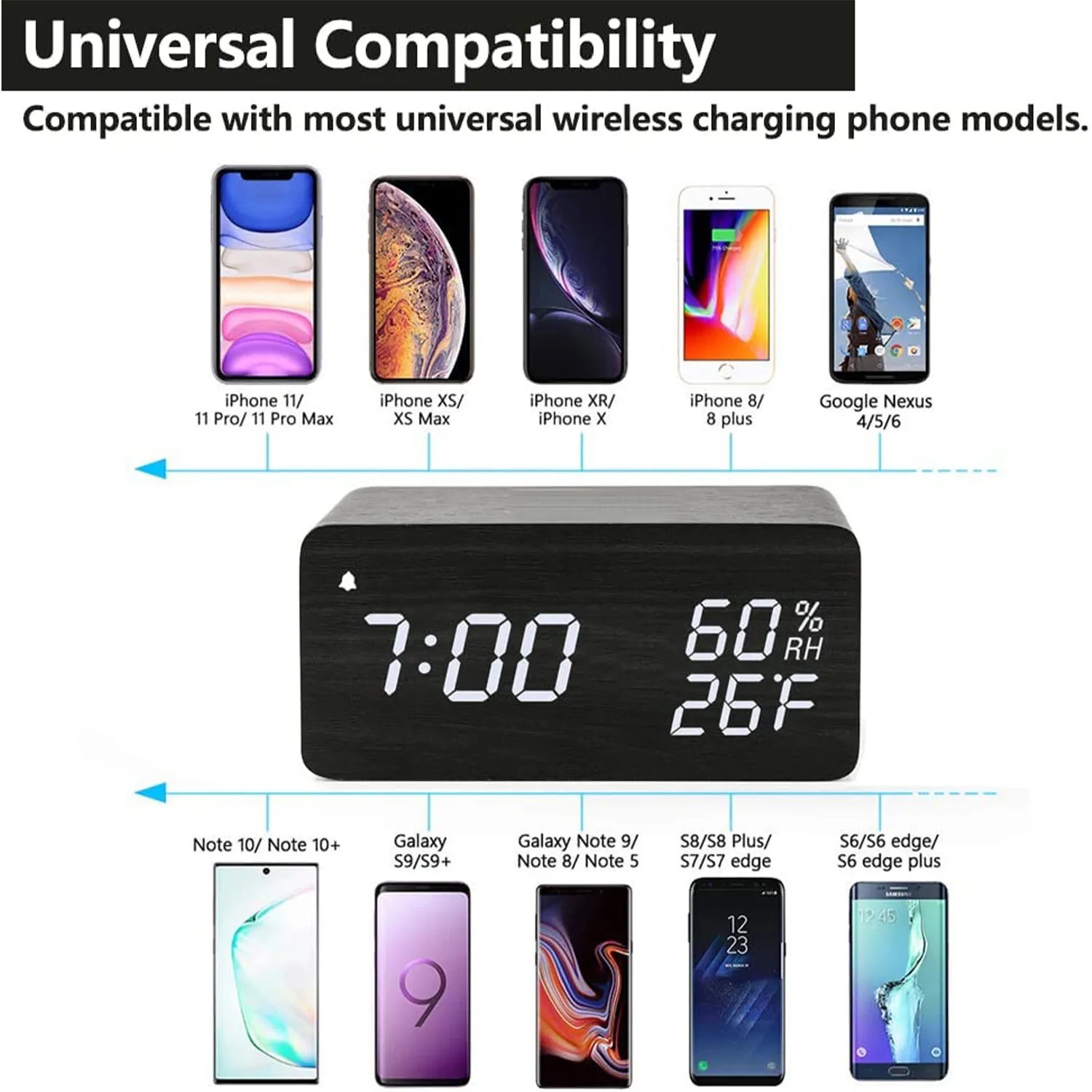 Wooden Digital Alarm Clock With Wireless Charging 2