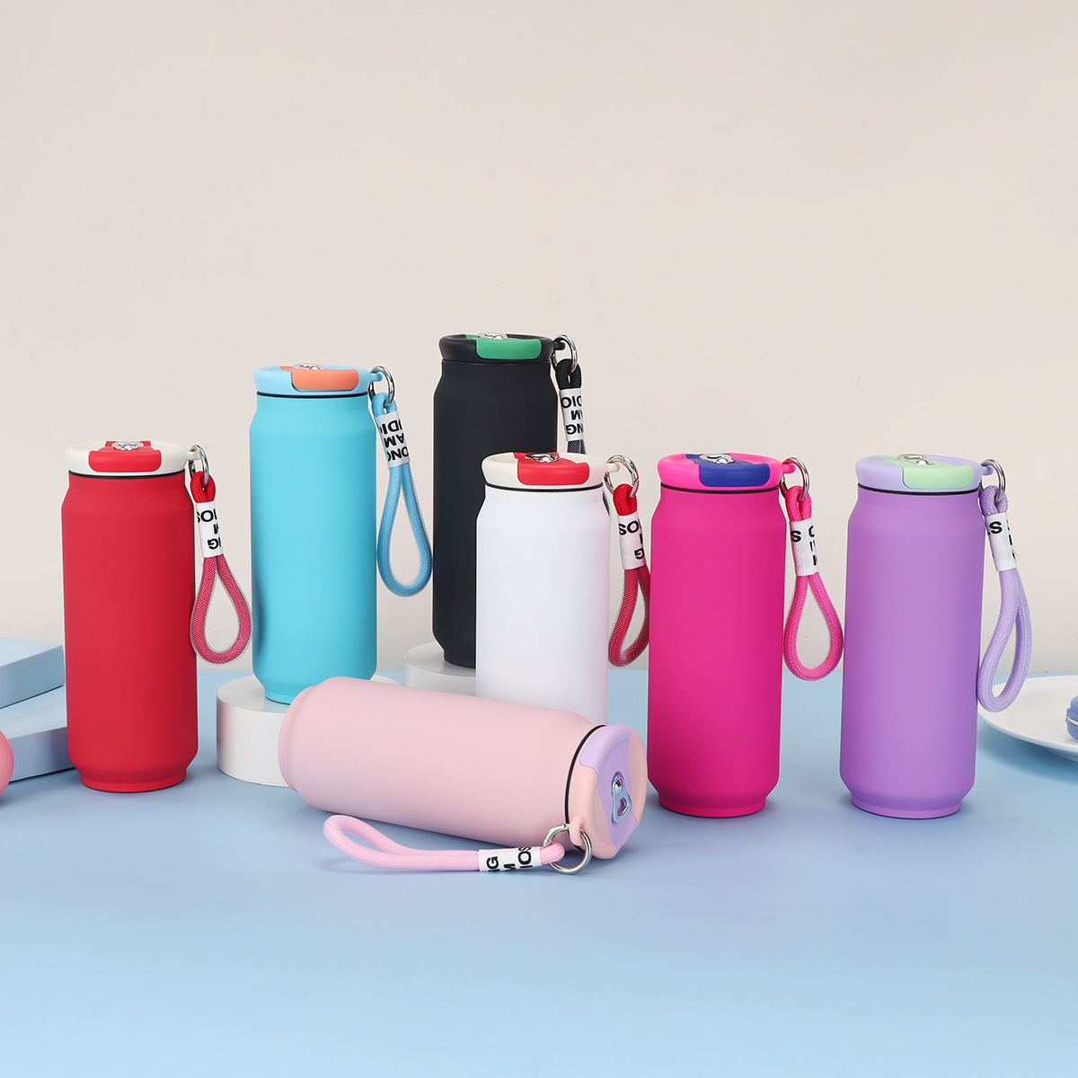 17 oz Rubberized Coated Can-Shaped Insulated Water Bottle W/ Handle Strap, custom water bottle with logo imprint 4