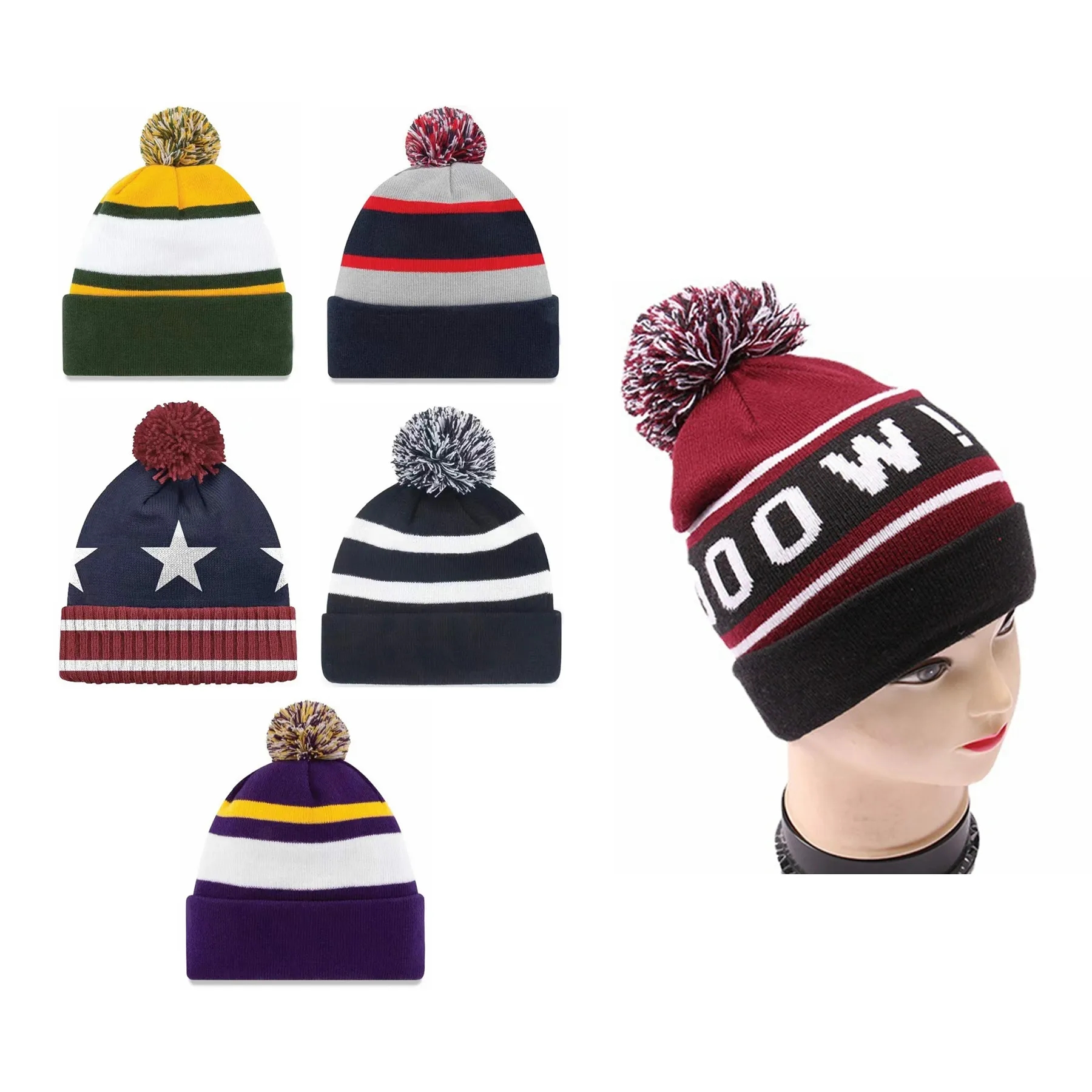 Jacquard Knitted Beanie Hat With Pom 4