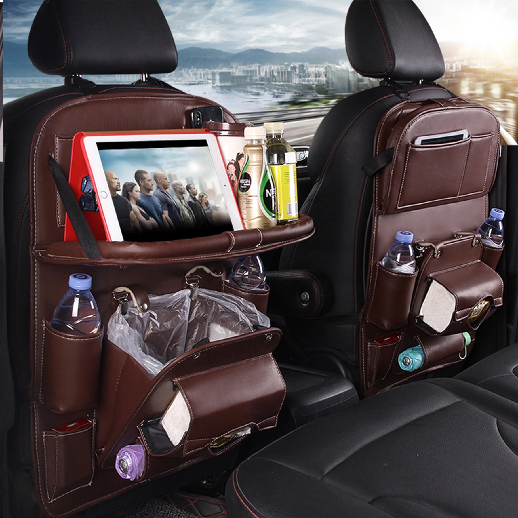 Car Backseat Storage Organizer with Trash Table PU Leather 4