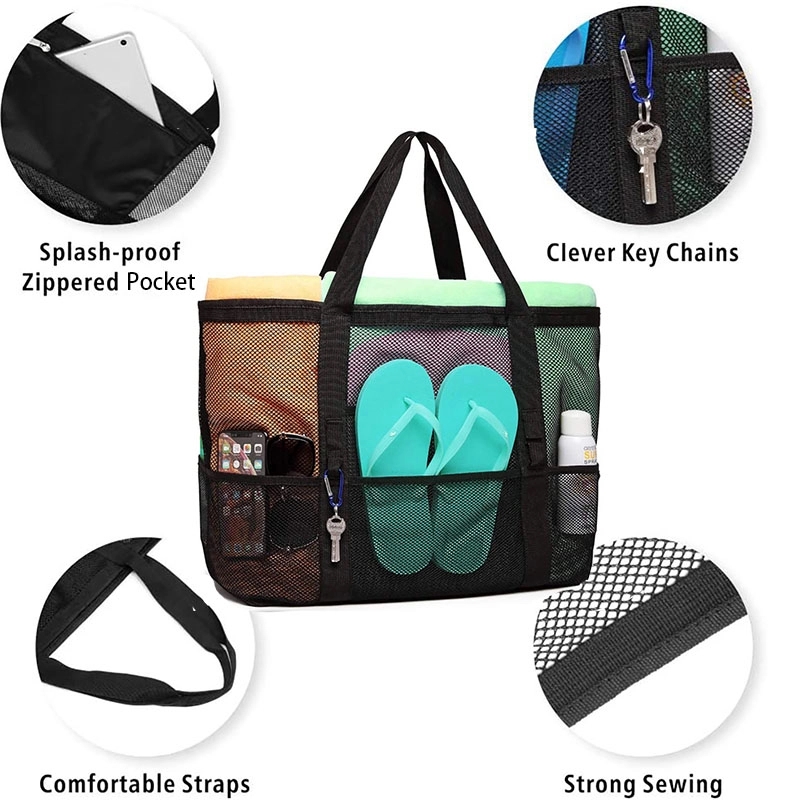 Large Capacity Mesh Beach Bag with 9 Pockets 9