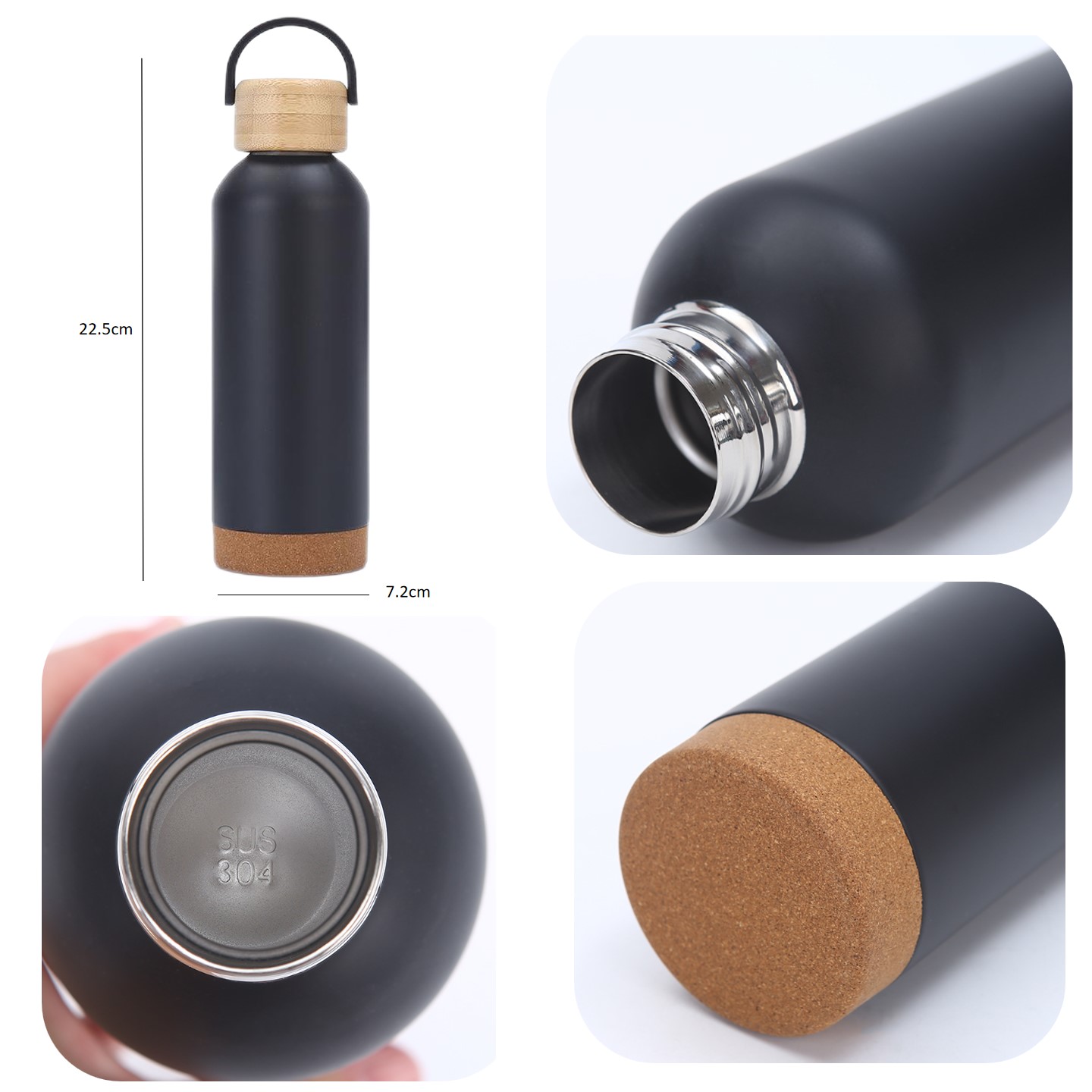16oz Vacuum insulated bottle with bamboo carry lid and cork base 4
