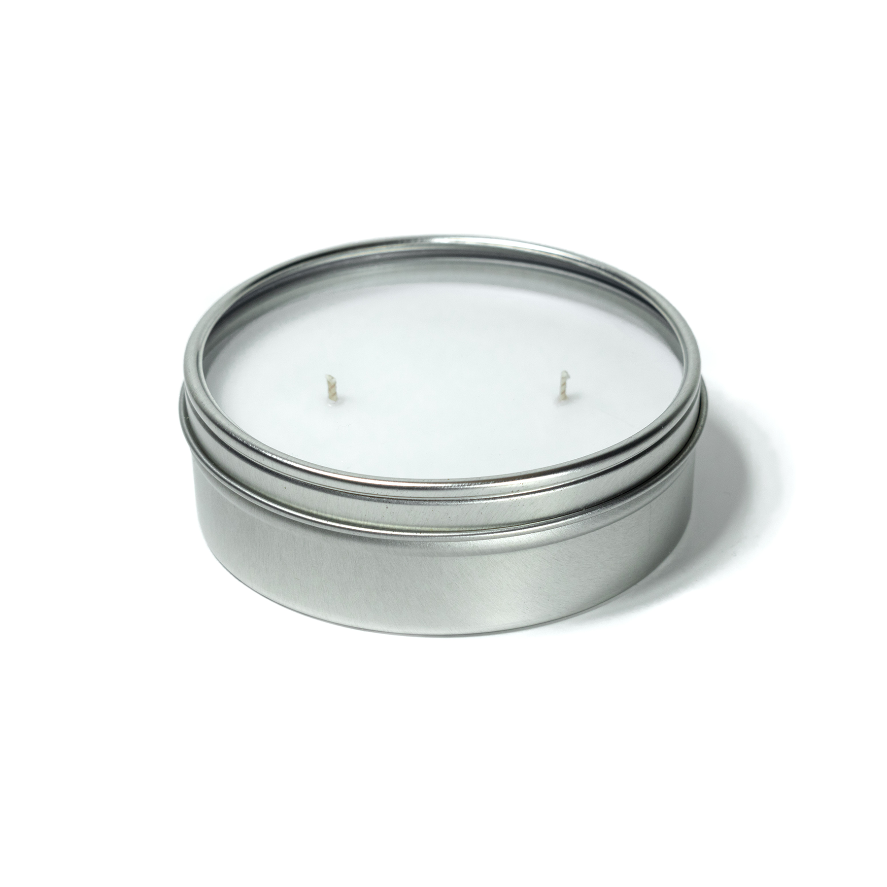 8 oz Tin Travel Candle Silver/Clear Lid with 4-C Imprint