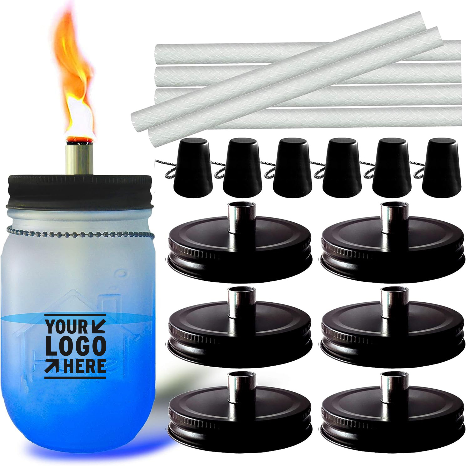 6 Pack Regular Mouth Lids Long Life Fiberglass Wicks and Caps Garden Mason Jar Tabletop Torches Kits 2
