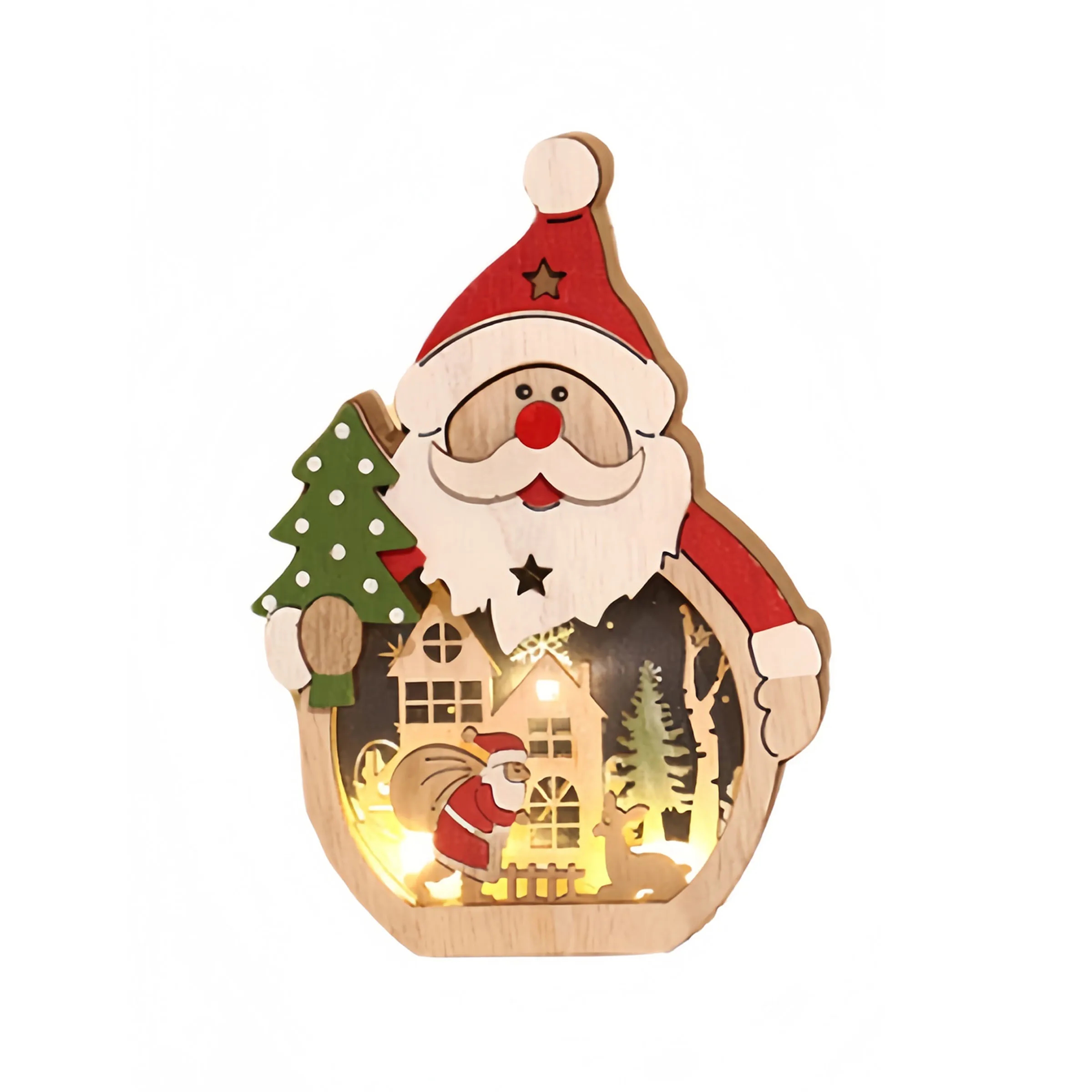 Wooden Led Illuminated Santa Claus Ornament 5