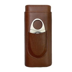 3 Finger Leather Cedar Wood Lined Cigar Case with Cutter 7