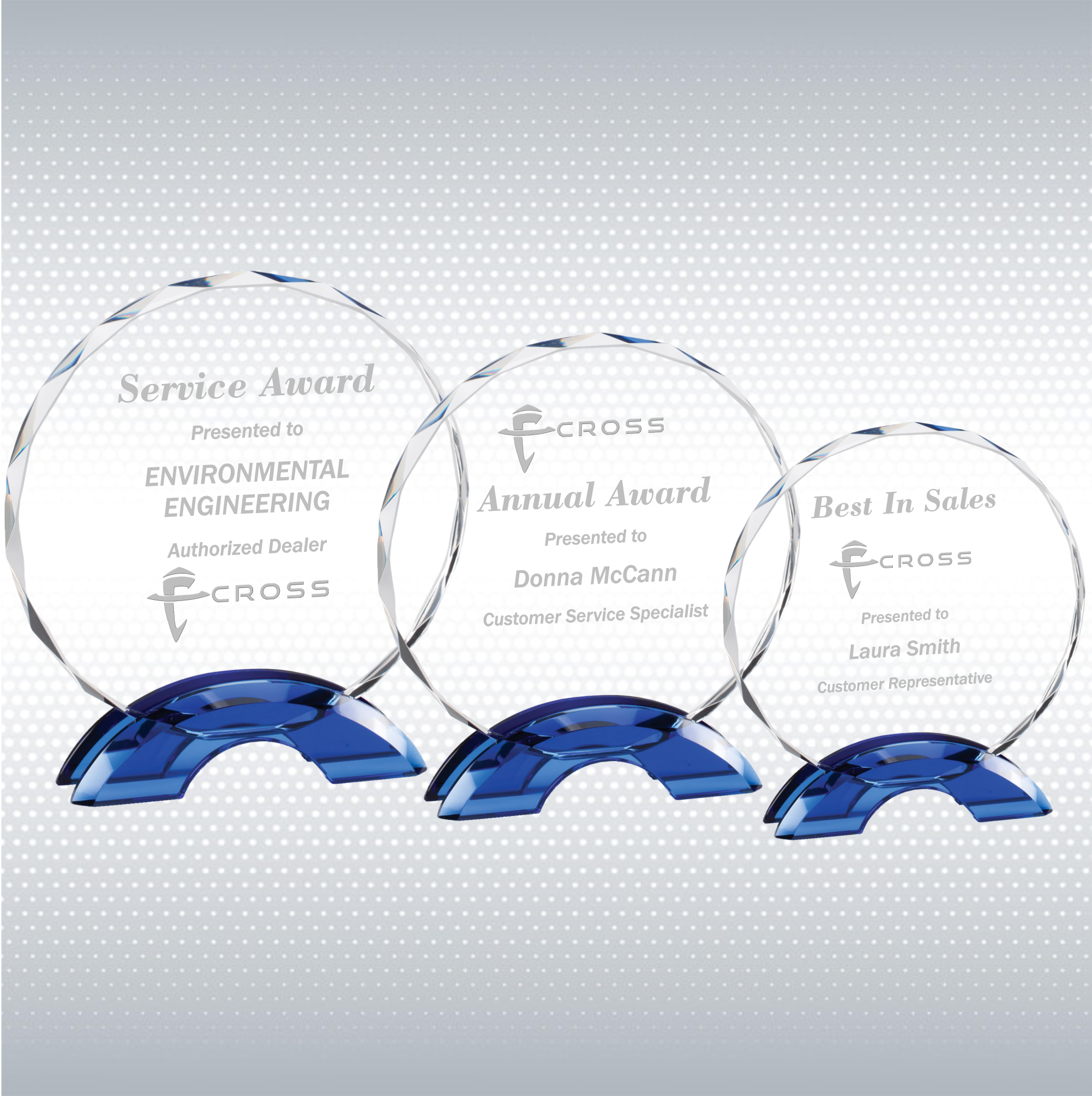 6 3/4" Round Faceted Crystal Plaque On Blue Base 6
