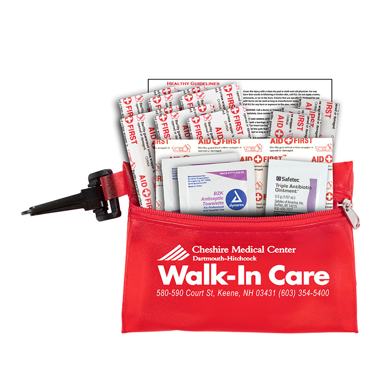 "TROUTDALE PLUS" 14 Piece First Aid Kit in Translucent Zipper Kit with Plastic Carabiner Attachment 15