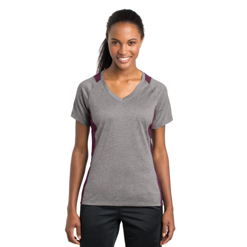 Sport-Tek Women's Heather Colorblock Contender V-Neck Tee. 52