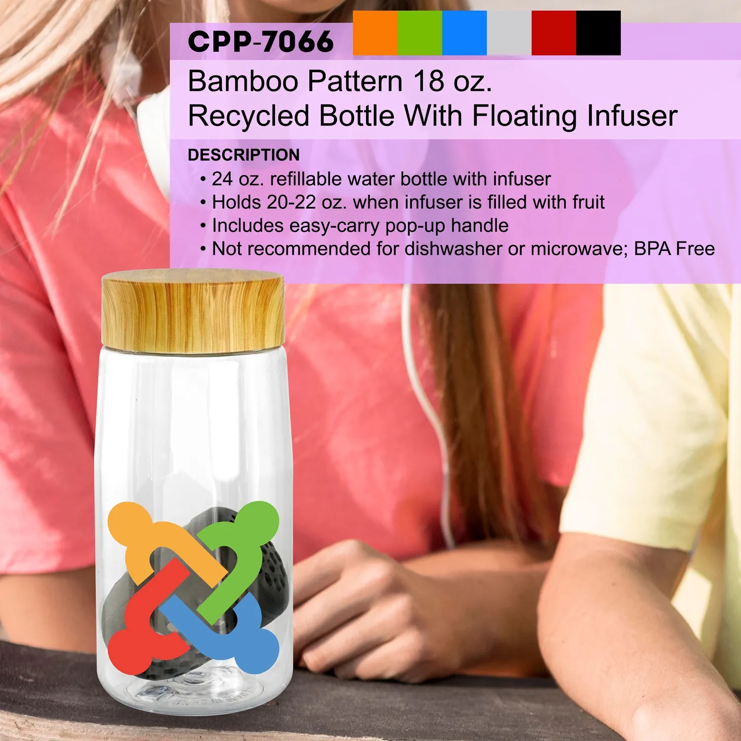 Bamboo Pattern 18 oz. Recycled Bottle with Floating Infuser 7