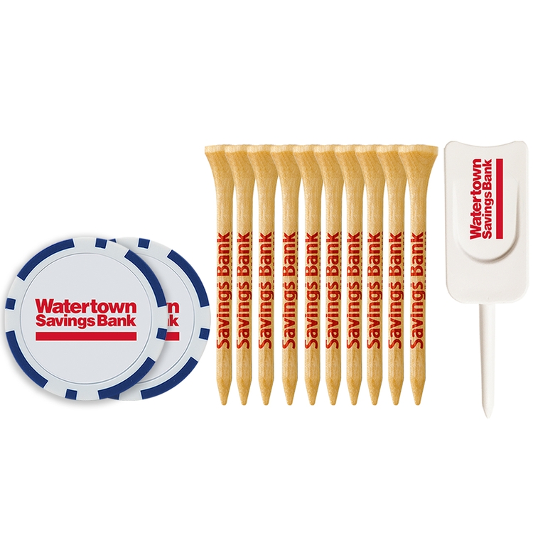 10 Wood Tees 2 3/4", 2 Poker Chips, Single Prong Plastic Divot Tool