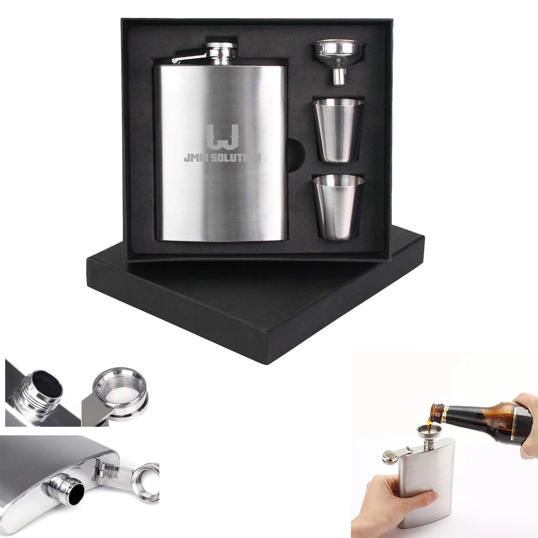 8 Oz Hip Flask Gift Box Set, custom water bottle with logo imprint 2