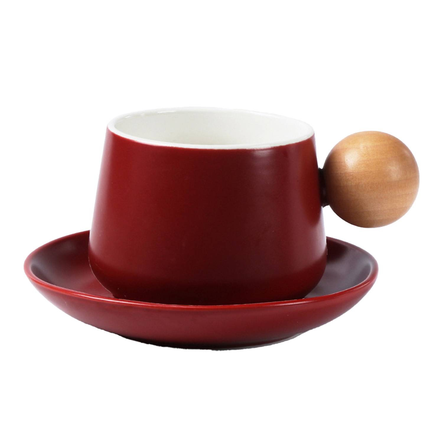 11oz Wooden Handle Ceramic Coffee Cup Saucer Gift Set 2