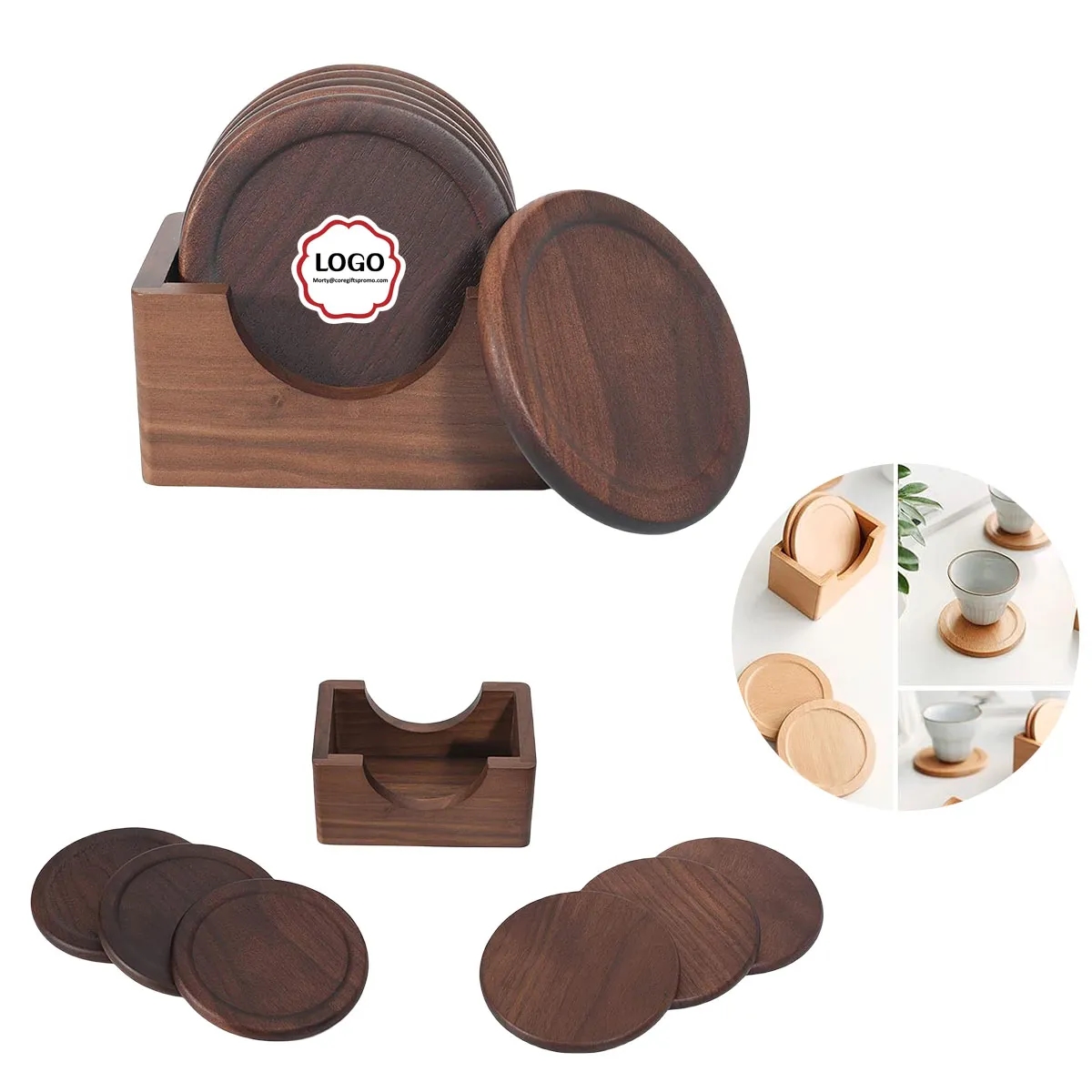 6pcs Round Wooden Coasters Set 6
