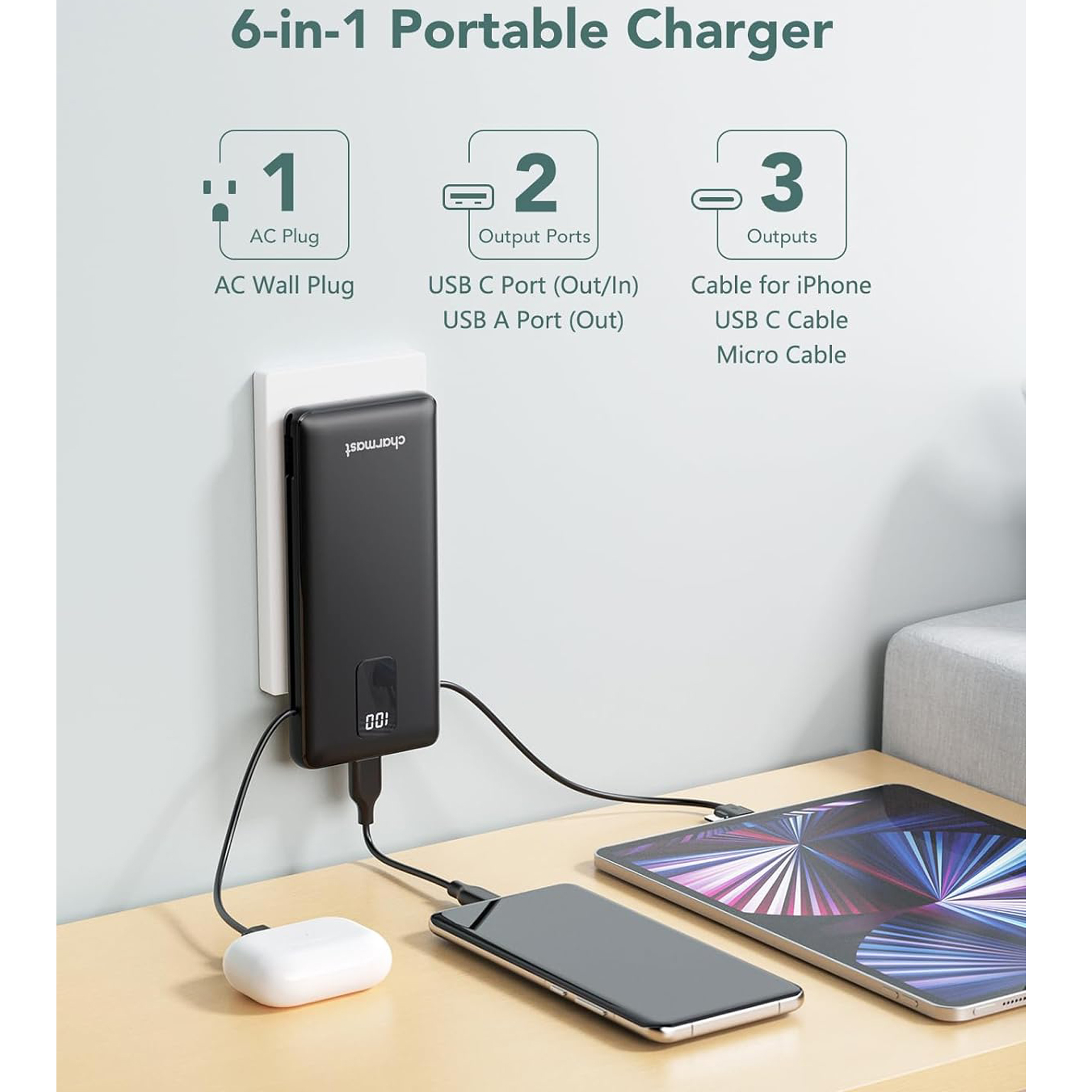10000mAh Portable Charger with AC Wall Plug and Built-in Cables 4